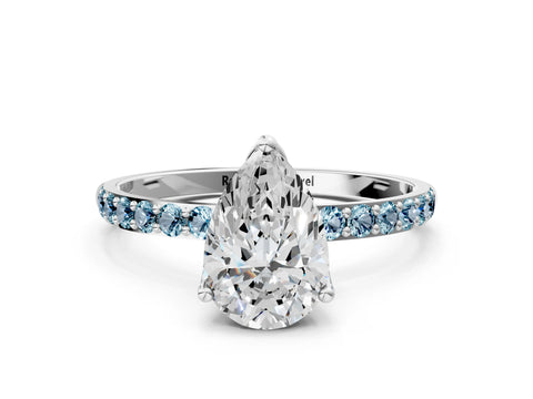 White gold Pear Cut Diamond Solitaire Engagement Ring with Round with Aquamarine side stone Pavé Band and Prong Setting_24