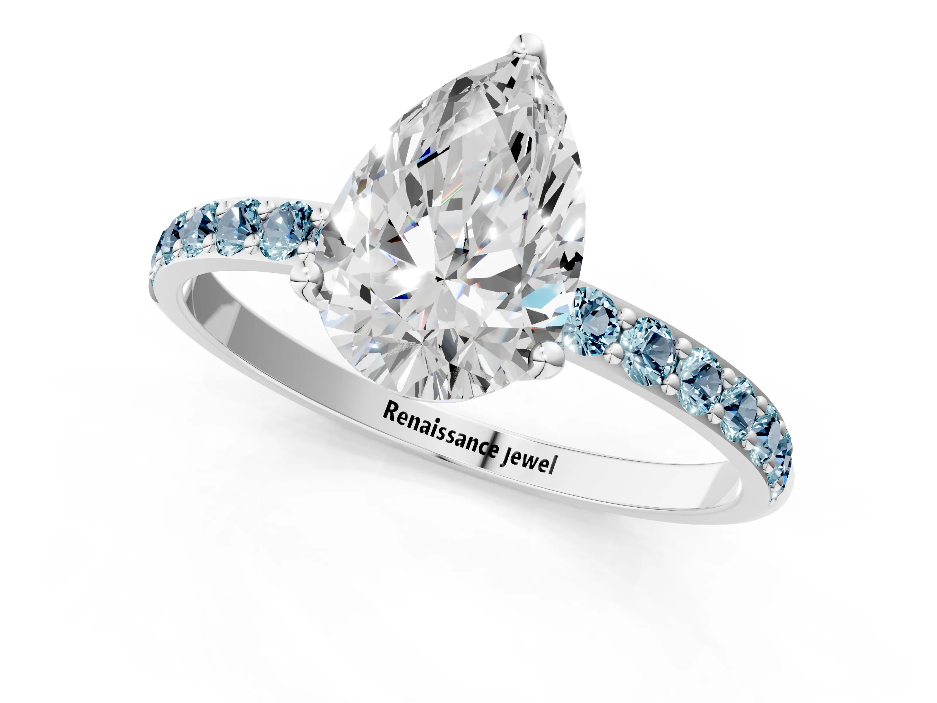 White gold Pear Cut Diamond Solitaire Engagement Ring with Round with Aquamarine side stone Pavé Band and Prong Setting_25