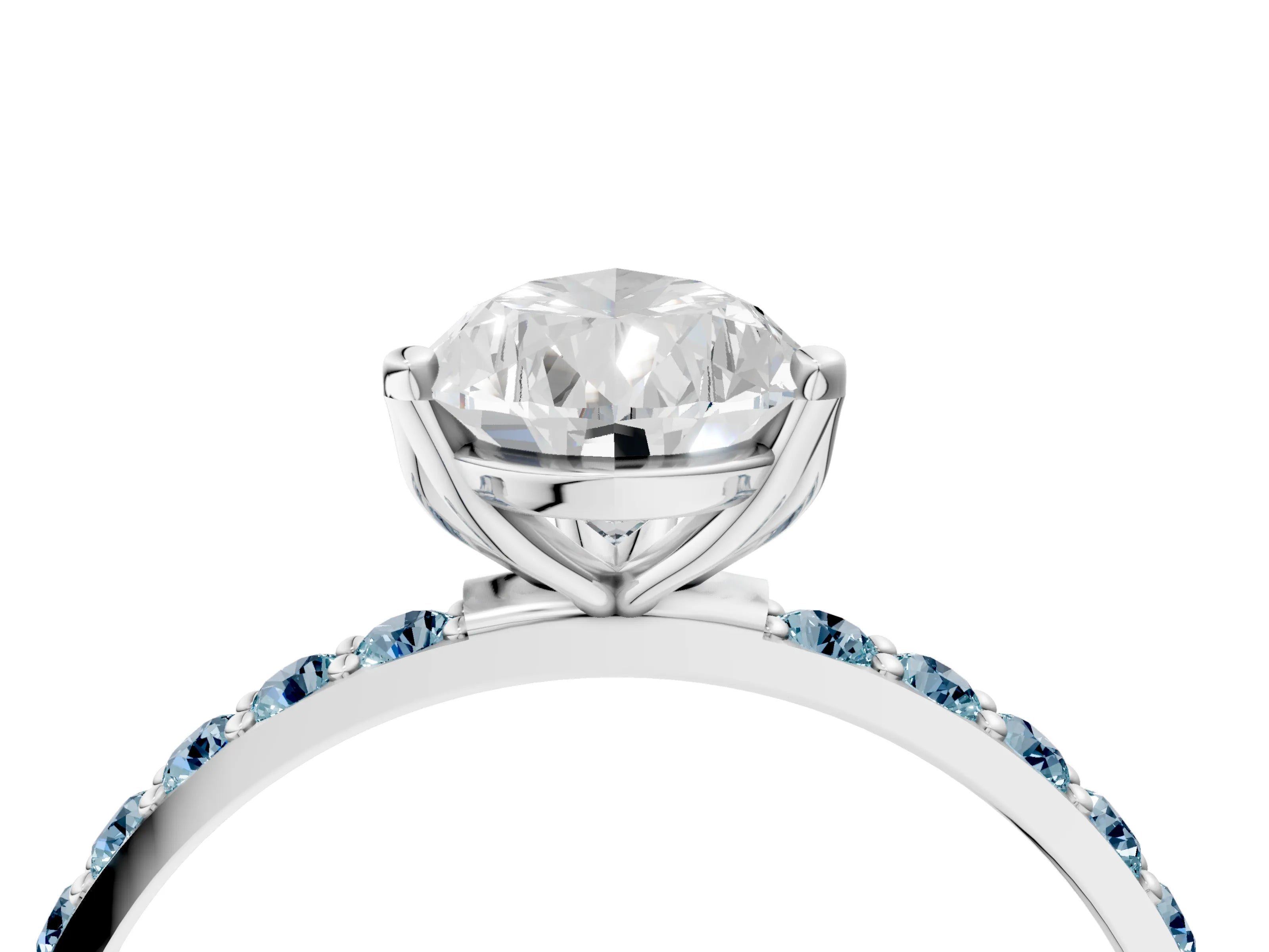 White gold Pear Cut Diamond Solitaire Engagement Ring with Round with Aquamarine side stone Pavé Band and Prong Setting_28