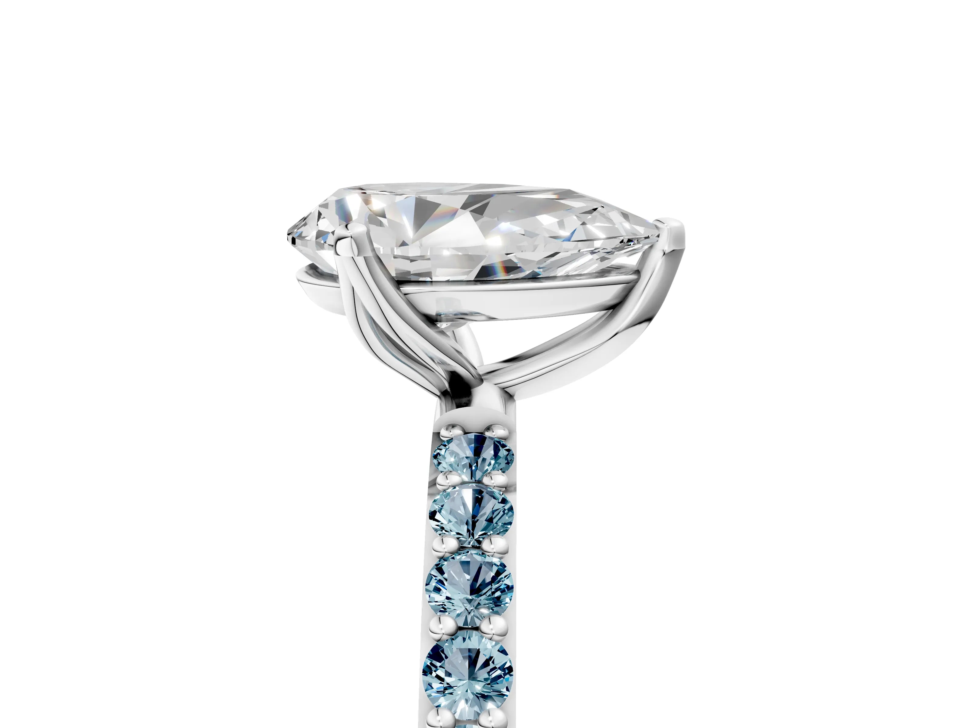 White gold Pear Cut Diamond Solitaire Engagement Ring with Round with Aquamarine side stone Pavé Band and Prong Setting_29