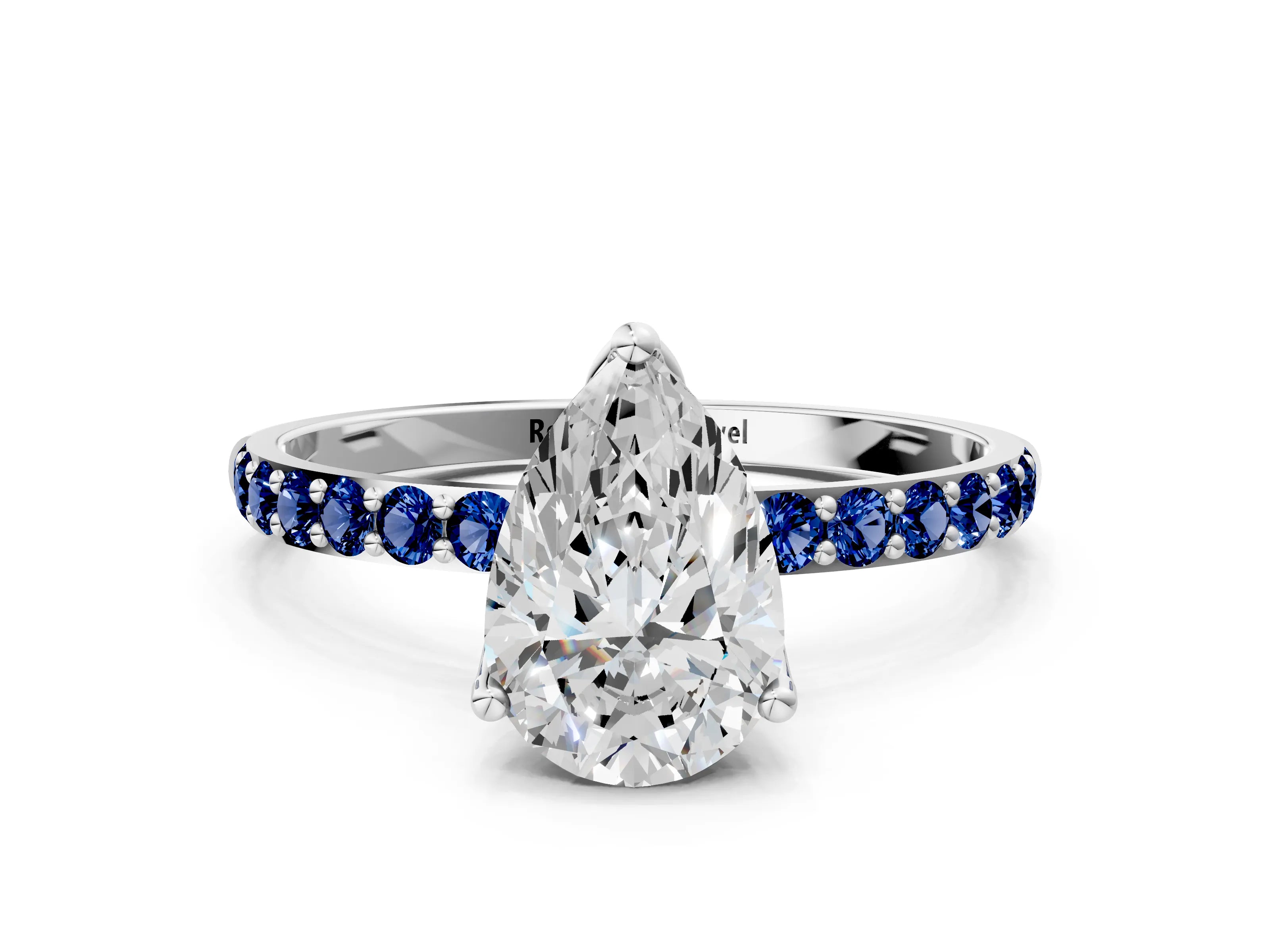 White gold Pear Cut Diamond Solitaire Engagement Ring with Round with Blue Sapphire side stone Pavé Band and Prong Setting_12