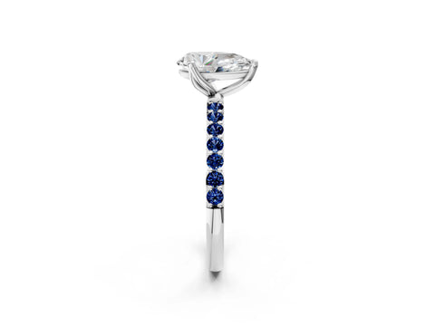 White gold Pear Cut Diamond Solitaire Engagement Ring with Round with Blue Sapphire side stone Pavé Band and Prong Setting_14