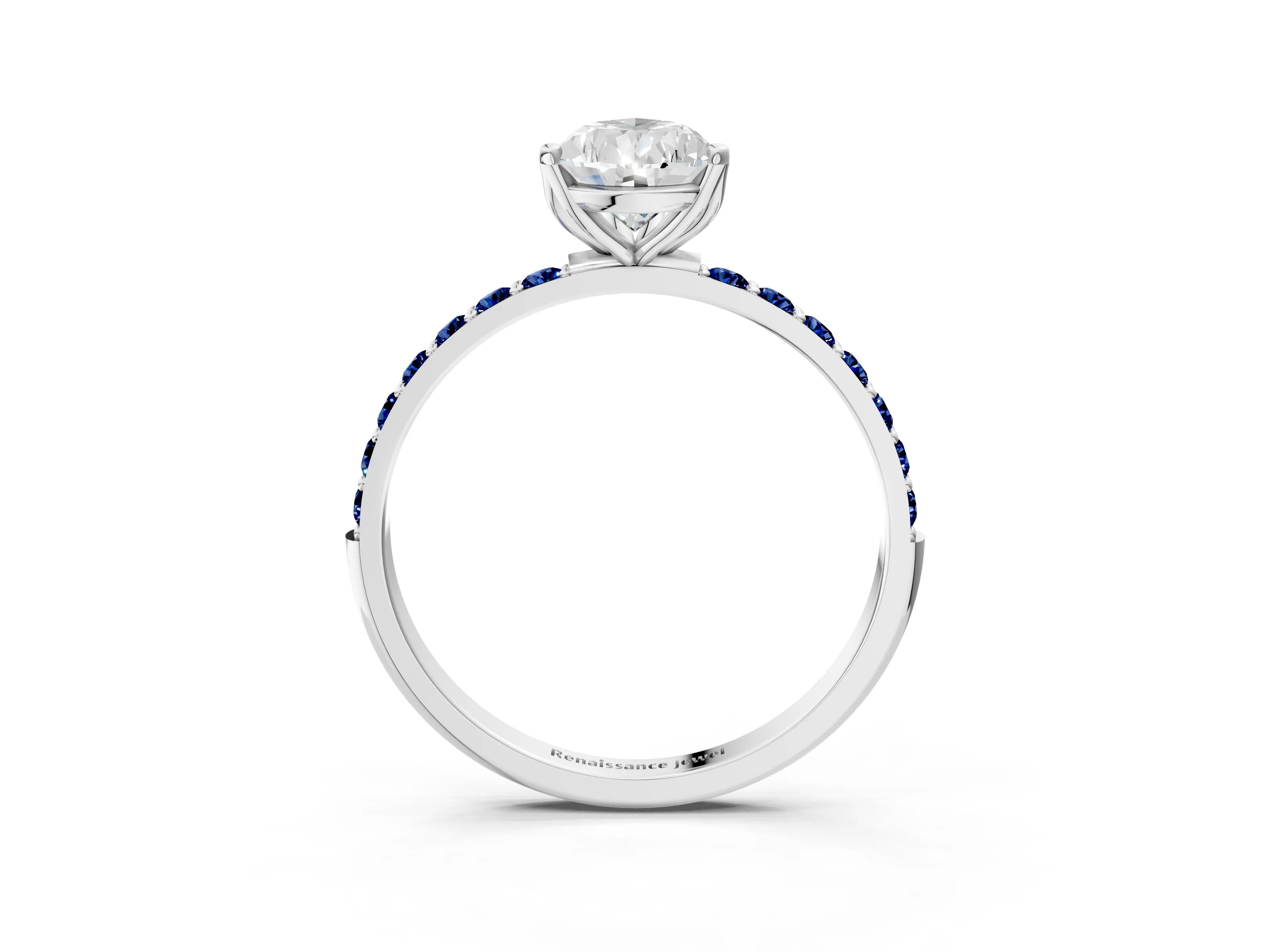 White gold Pear Cut Diamond Solitaire Engagement Ring with Round with Blue Sapphire side stone Pavé Band and Prong Setting_15