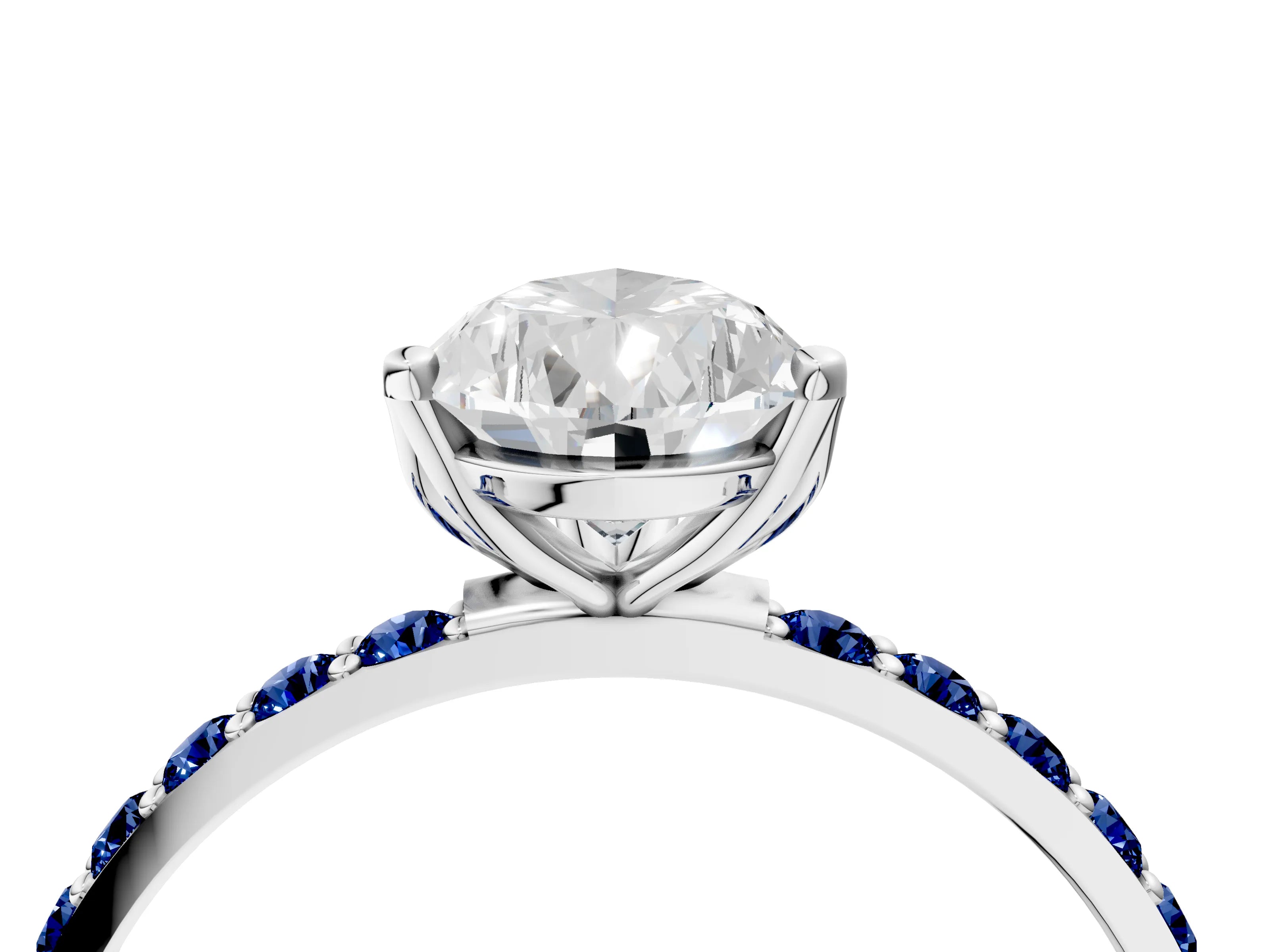White gold Pear Cut Diamond Solitaire Engagement Ring with Round with Blue Sapphire side stone Pavé Band and Prong Setting_16