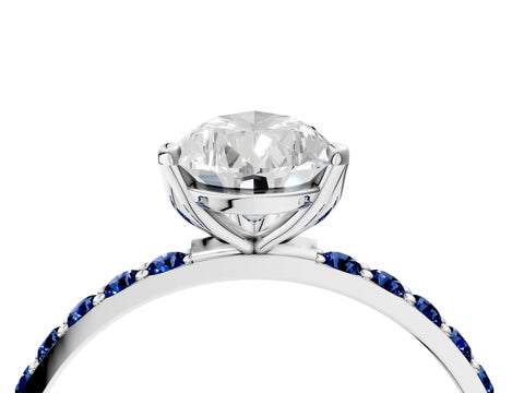 White gold Pear Cut Diamond Solitaire Engagement Ring with Round with Blue Sapphire side stone Pavé Band and Prong Setting_16