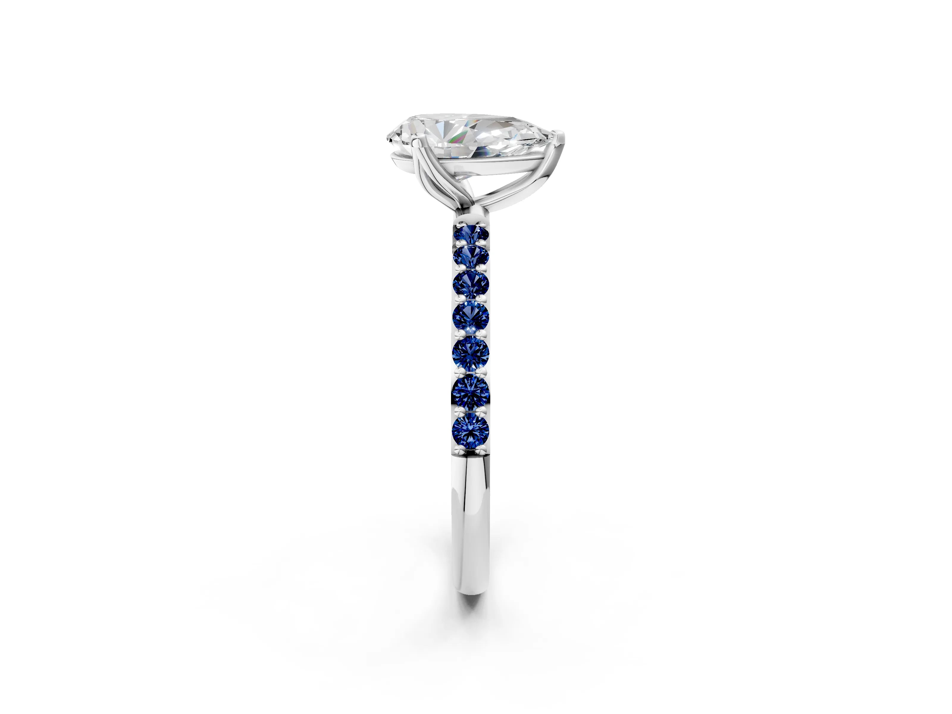 White gold Pear Cut Diamond Solitaire Engagement Ring with Round with Blue Sapphire side stone Pavé Band and Prong Setting_26