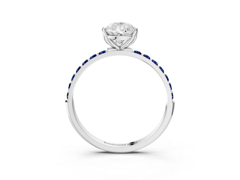 White gold Pear Cut Diamond Solitaire Engagement Ring with Round with Blue Sapphire side stone Pavé Band and Prong Setting_27