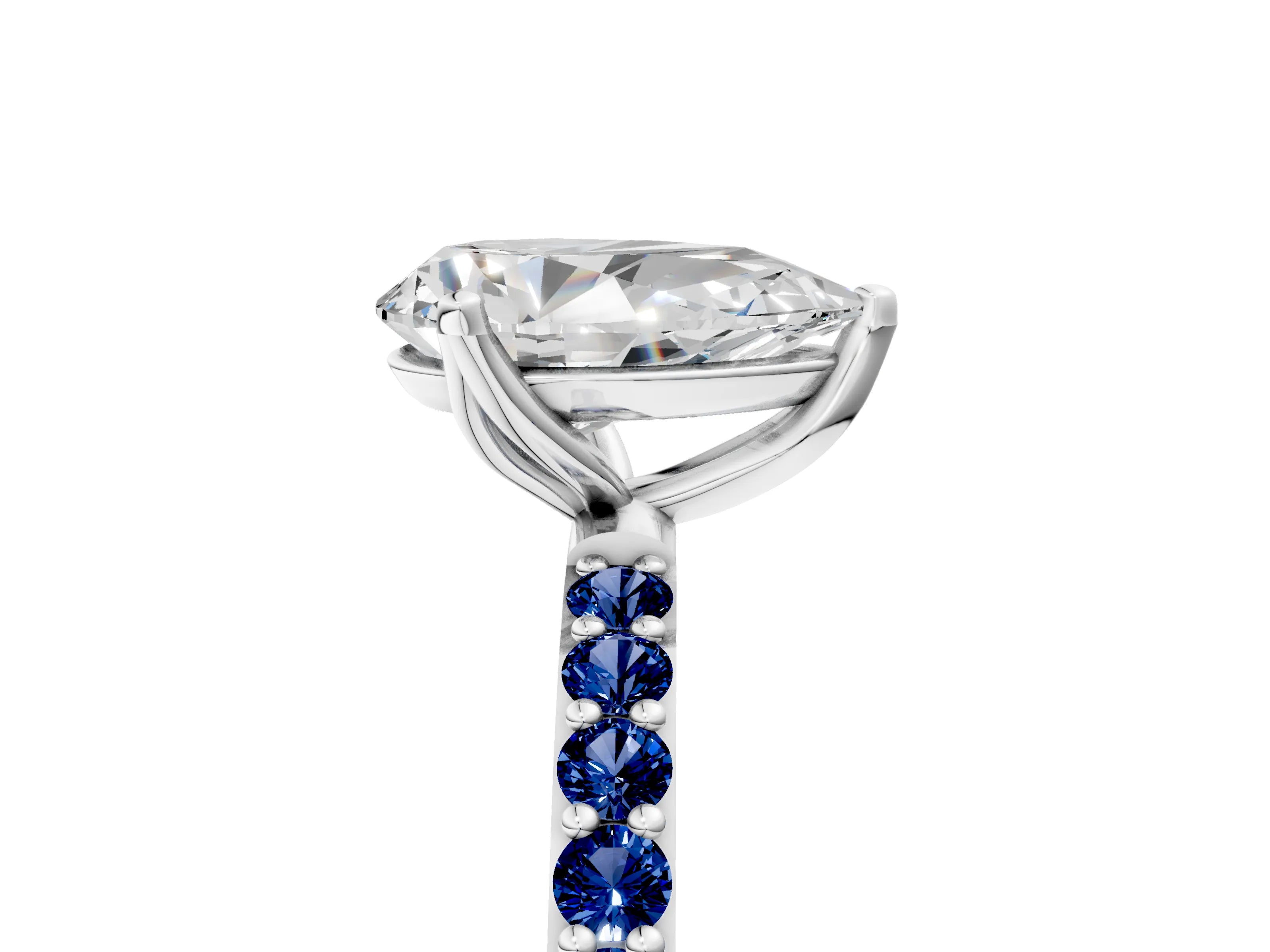 White gold Pear Cut Diamond Solitaire Engagement Ring with Round with Blue Sapphire side stone Pavé Band and Prong Setting_29