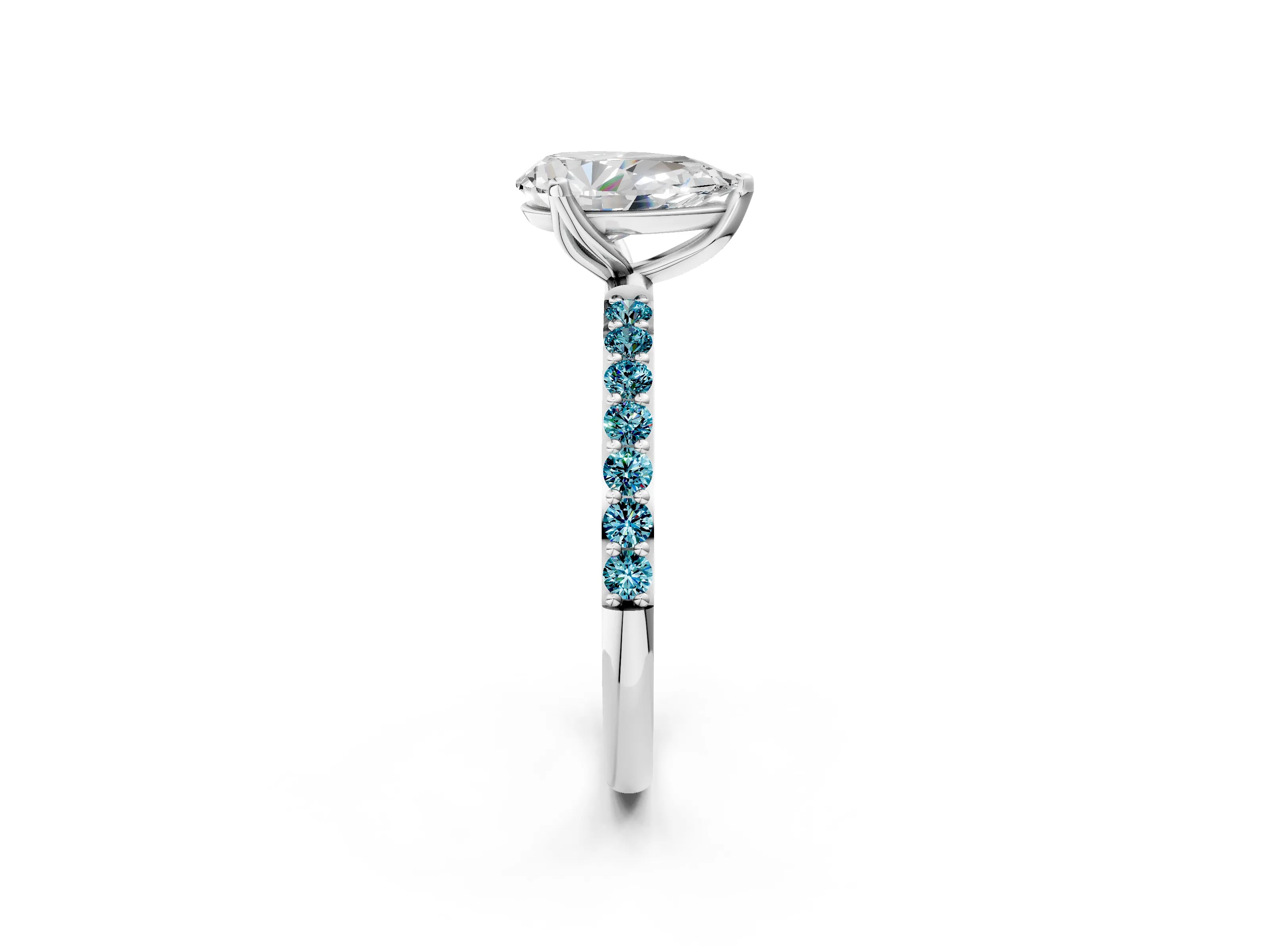 White gold Pear Cut Diamond Solitaire Engagement Ring with Round with Blue Topaz side stone Pavé Band and Prong Setting_14