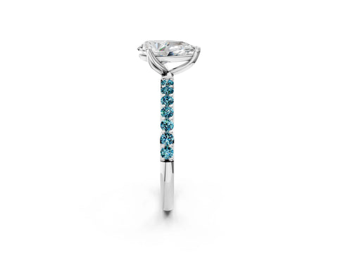 White gold Pear Cut Diamond Solitaire Engagement Ring with Round with Blue Topaz side stone Pavé Band and Prong Setting_14