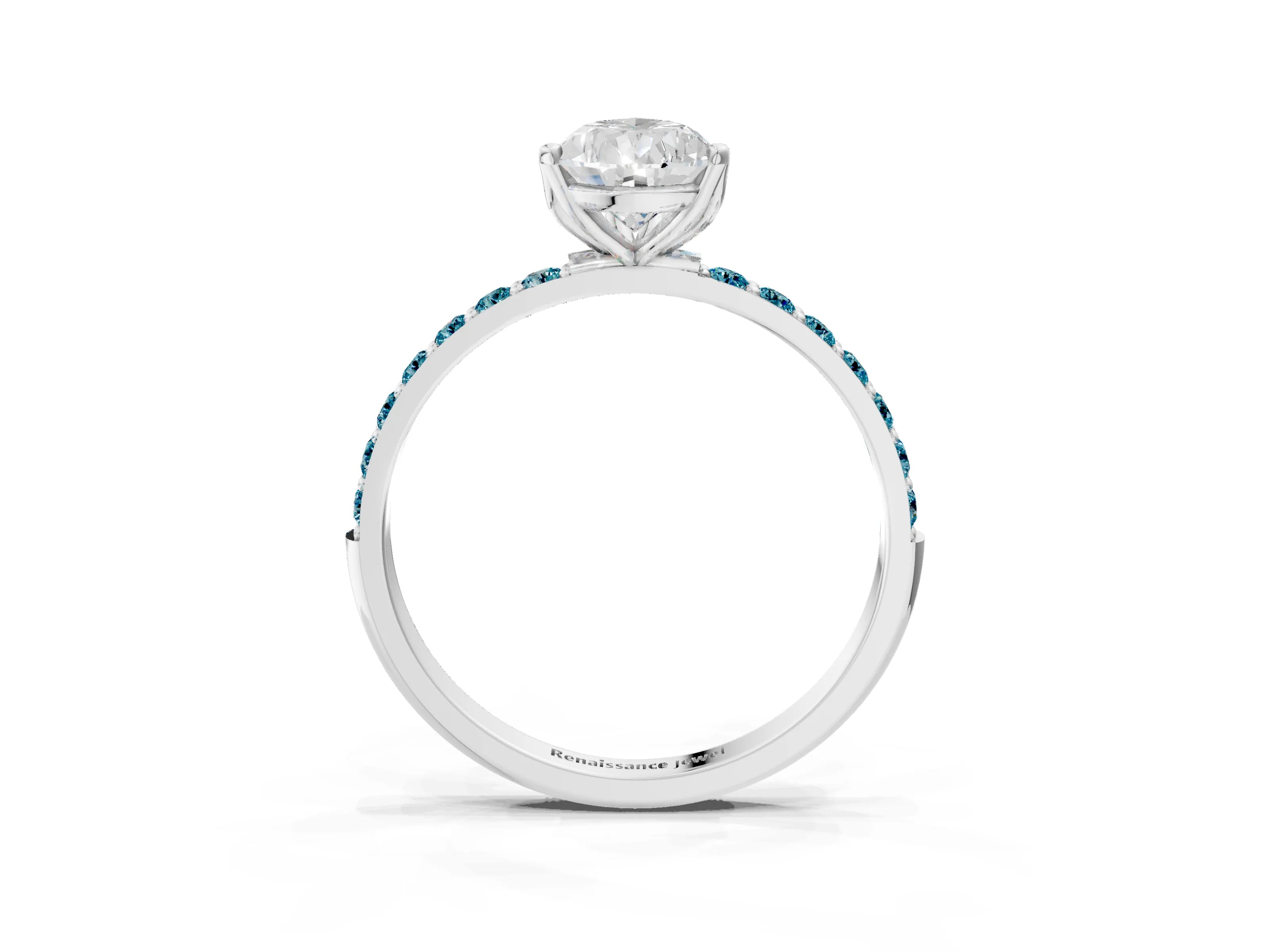 White gold Pear Cut Diamond Solitaire Engagement Ring with Round with Blue Topaz side stone Pavé Band and Prong Setting_15