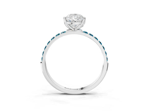 White gold Pear Cut Diamond Solitaire Engagement Ring with Round with Blue Topaz side stone Pavé Band and Prong Setting_15