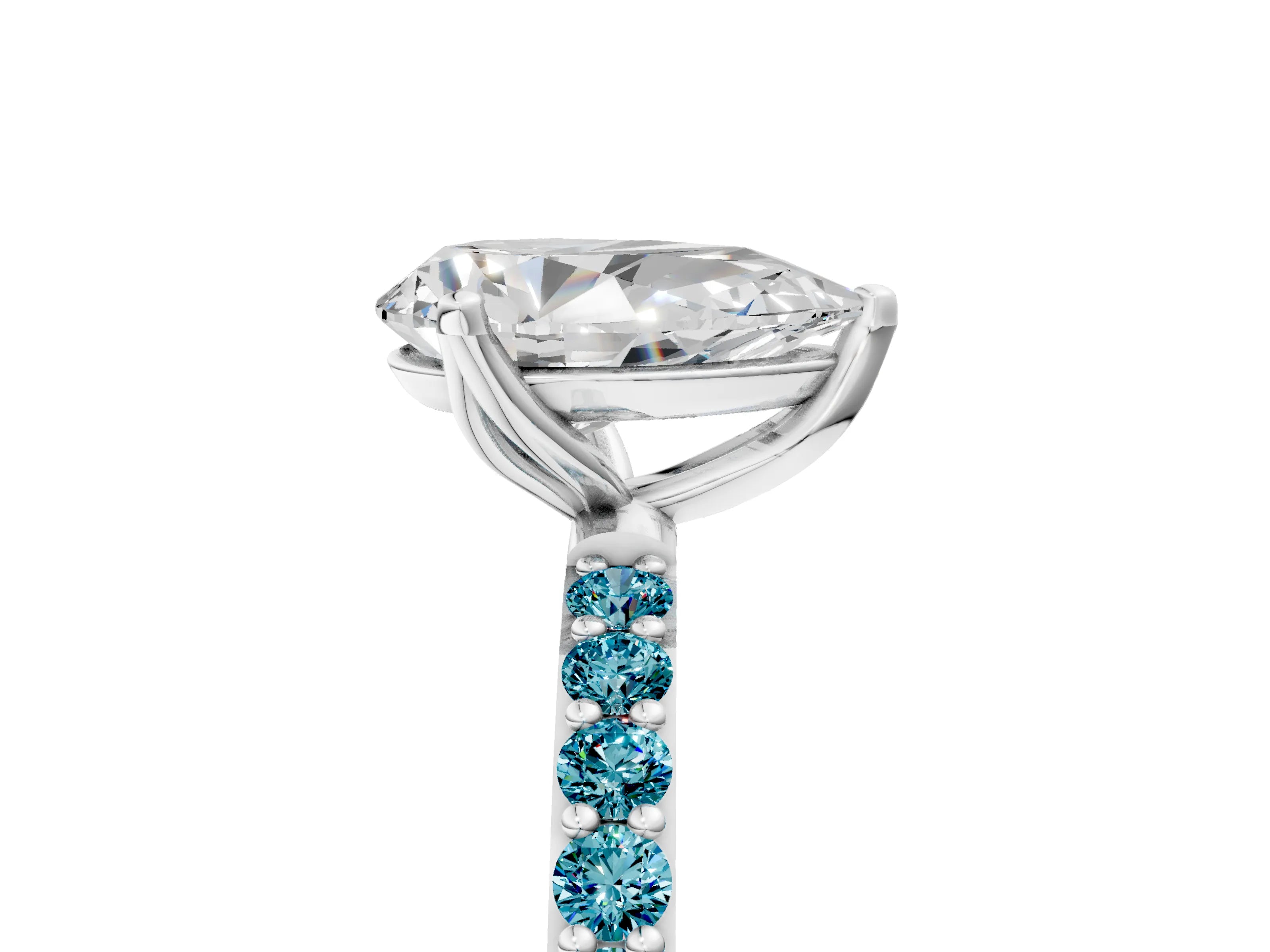 White gold Pear Cut Diamond Solitaire Engagement Ring with Round with Blue Topaz side stone Pavé Band and Prong Setting_17