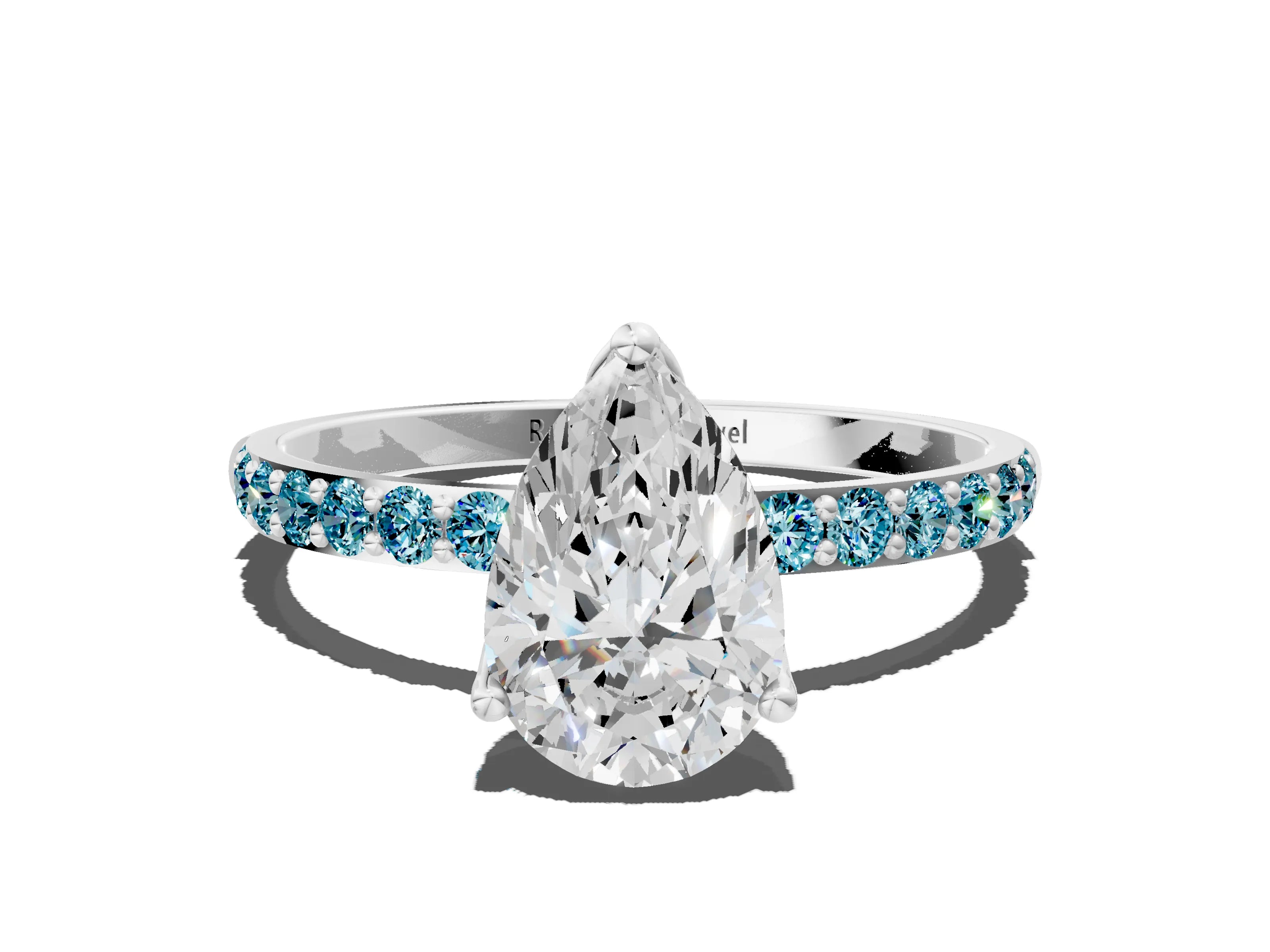 White gold Pear Cut Diamond Solitaire Engagement Ring with Round with Blue Topaz side stone Pavé Band and Prong Setting_24