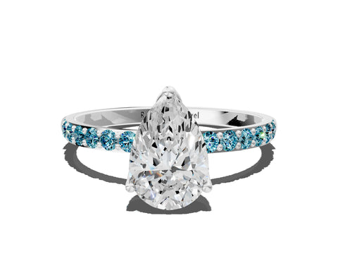 White gold Pear Cut Diamond Solitaire Engagement Ring with Round with Blue Topaz side stone Pavé Band and Prong Setting_24