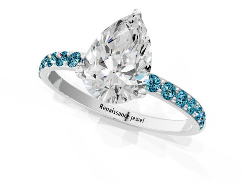 White gold Pear Cut Diamond Solitaire Engagement Ring with Round with Blue Topaz side stone Pavé Band and Prong Setting_25