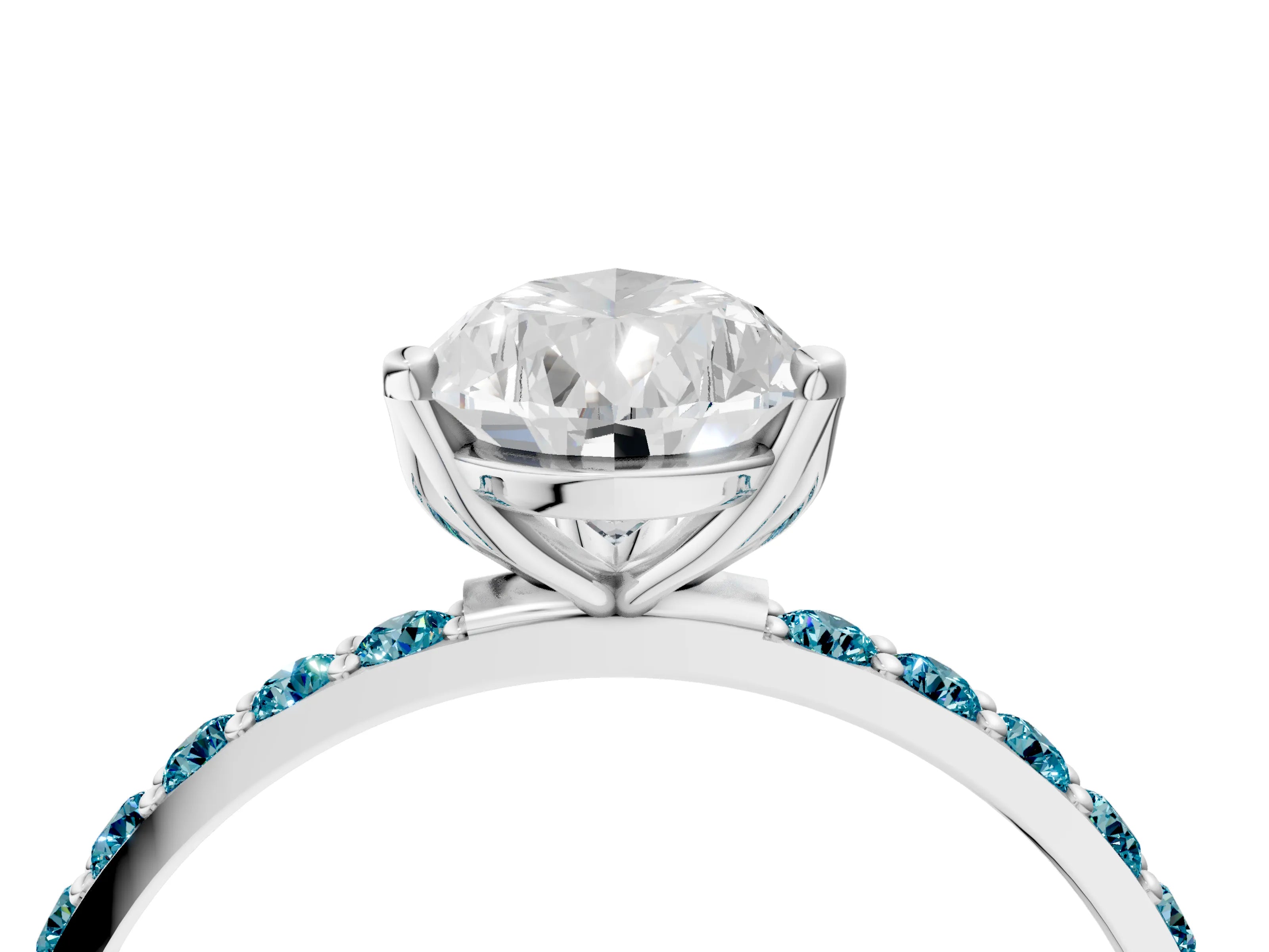 White gold Pear Cut Diamond Solitaire Engagement Ring with Round with Blue Topaz side stone Pavé Band and Prong Setting_28