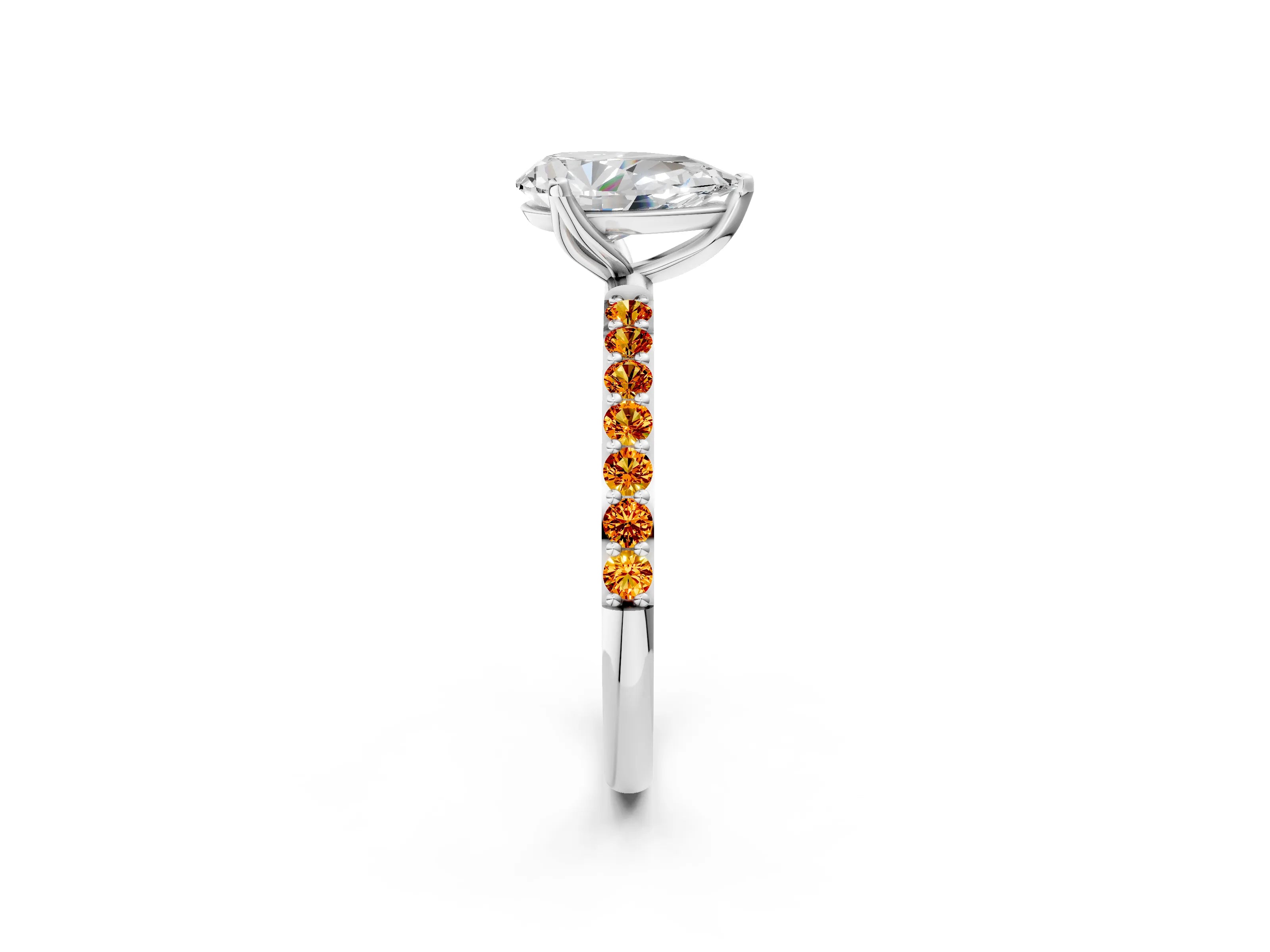 White gold Pear Cut Diamond Solitaire Engagement Ring with Round with Citrine side stone Pavé Band and Prong Setting_2