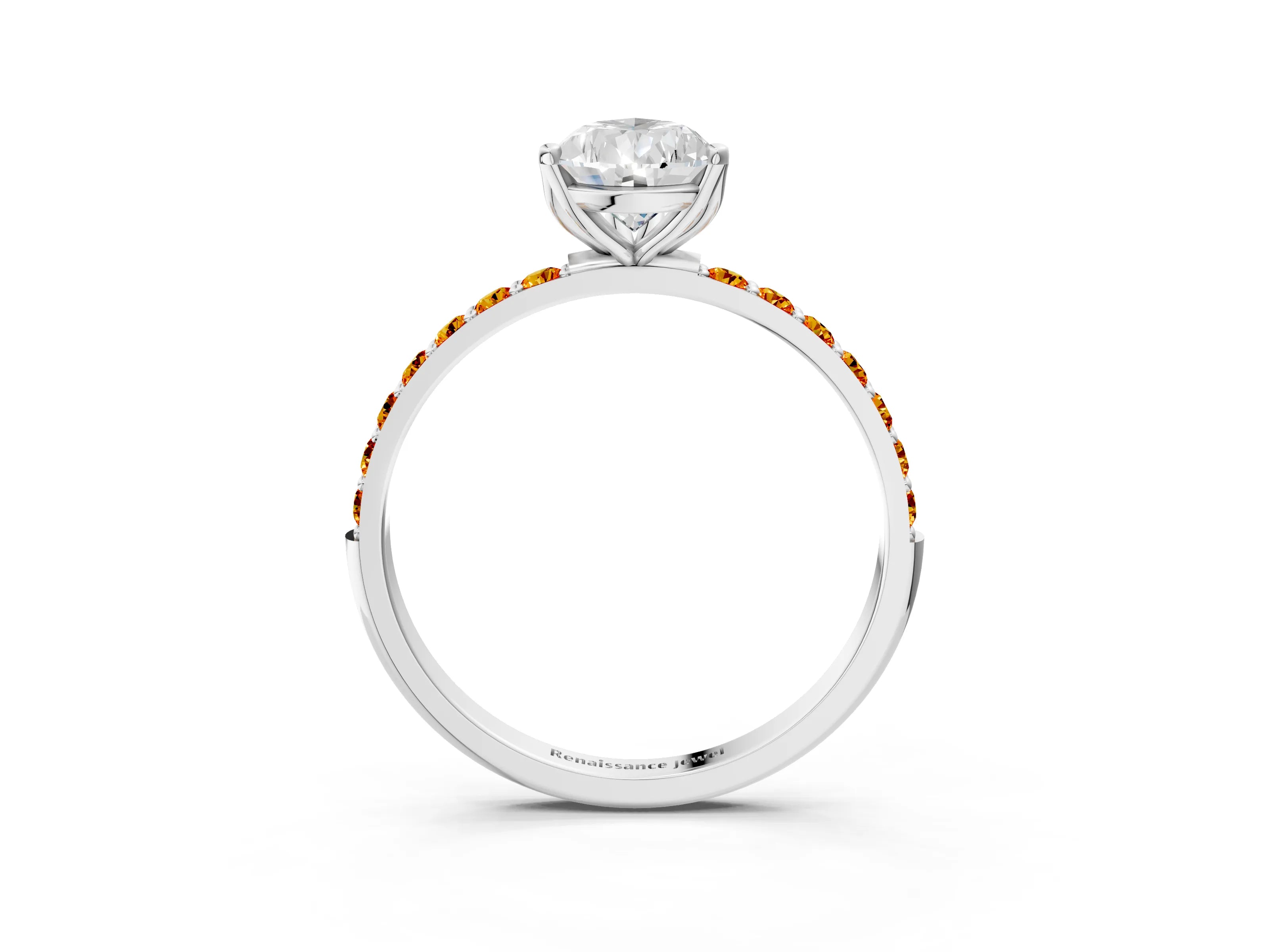White gold Pear Cut Diamond Solitaire Engagement Ring with Round with Citrine side stone Pavé Band and Prong Setting_3