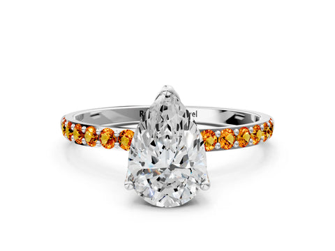 White gold Pear Cut Diamond Solitaire Engagement Ring with Round with Citrine side stone Pavé Band and Prong Setting