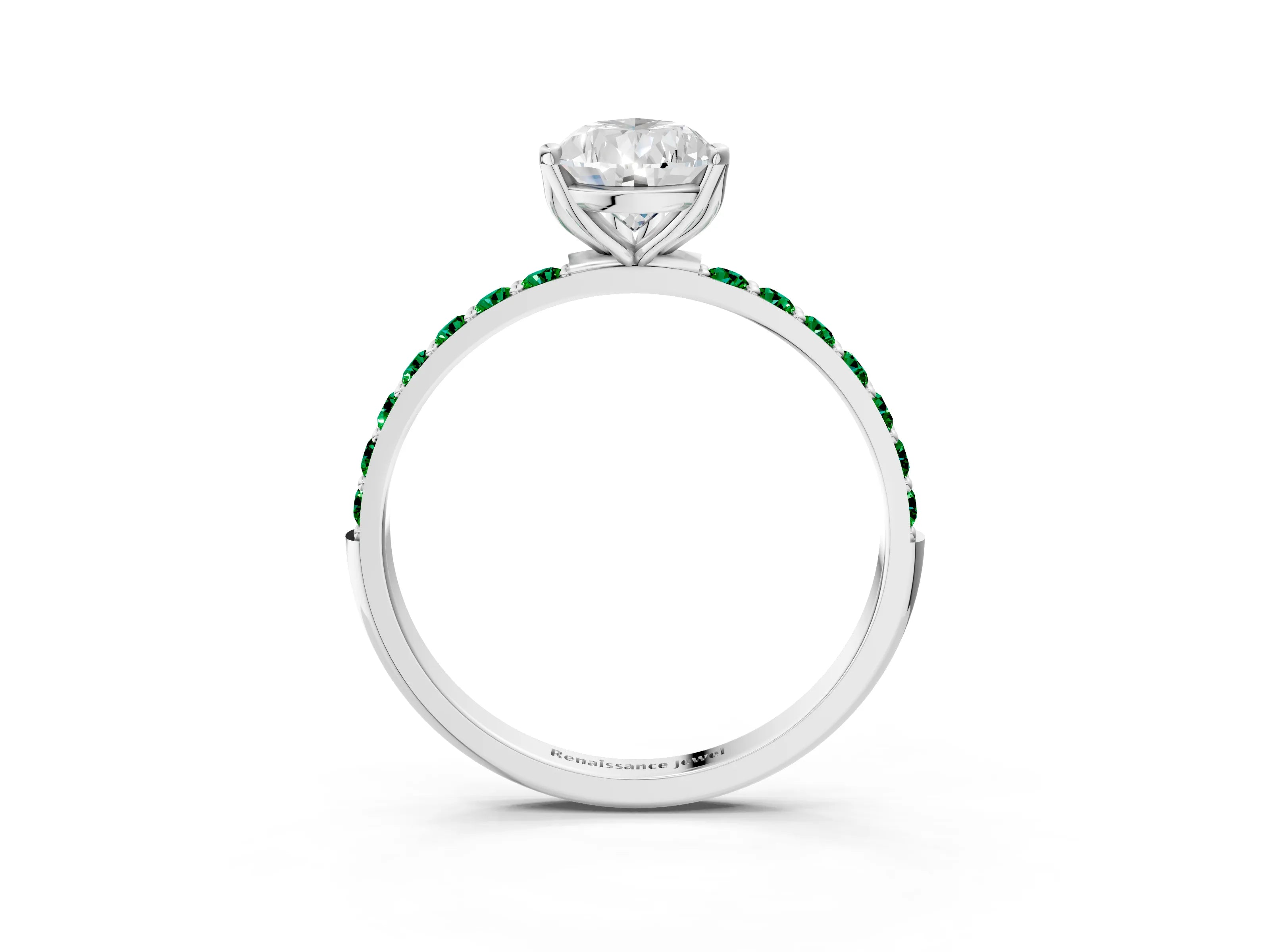White gold Pear Cut Diamond Solitaire Engagement Ring with Round with Emerald side stone Pavé Band and Prong Setting_15