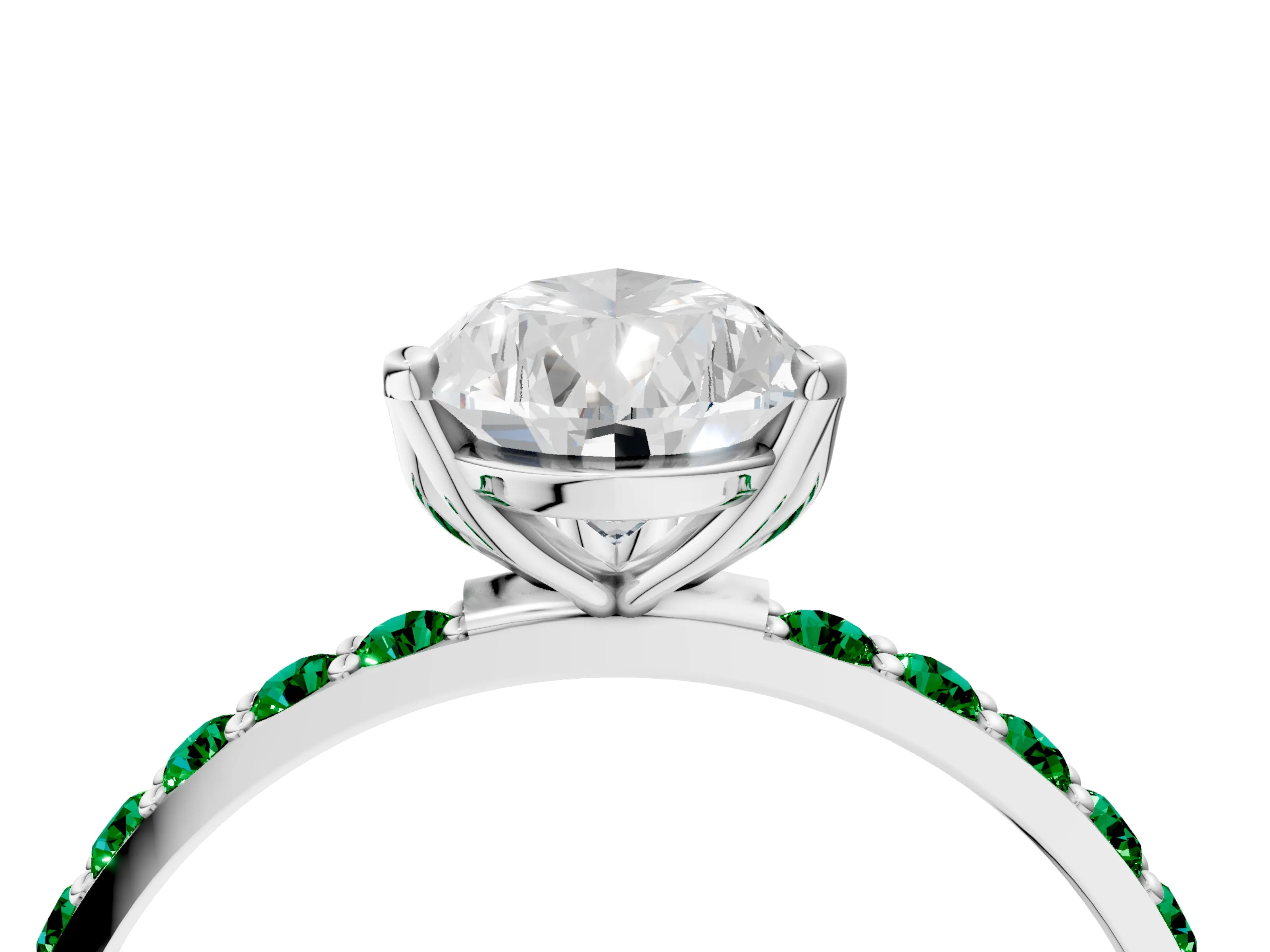 White gold Pear Cut Diamond Solitaire Engagement Ring with Round with Emerald side stone Pavé Band and Prong Setting_16