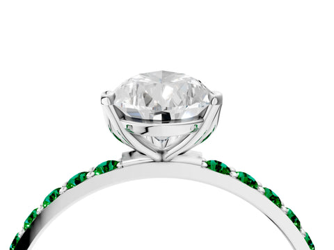 White gold Pear Cut Diamond Solitaire Engagement Ring with Round with Emerald side stone Pavé Band and Prong Setting_16