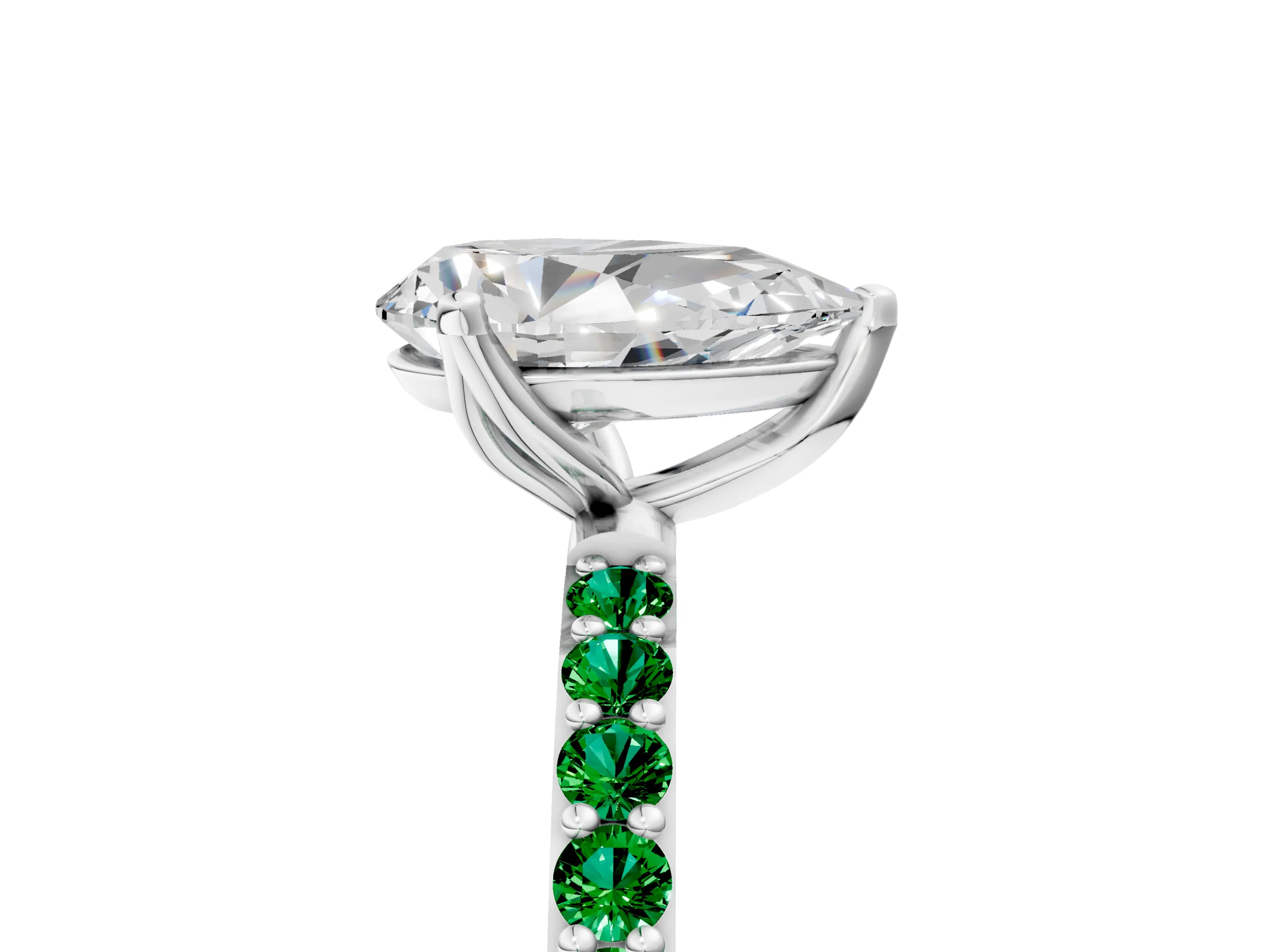 White gold Pear Cut Diamond Solitaire Engagement Ring with Round with Emerald side stone Pavé Band and Prong Setting_17
