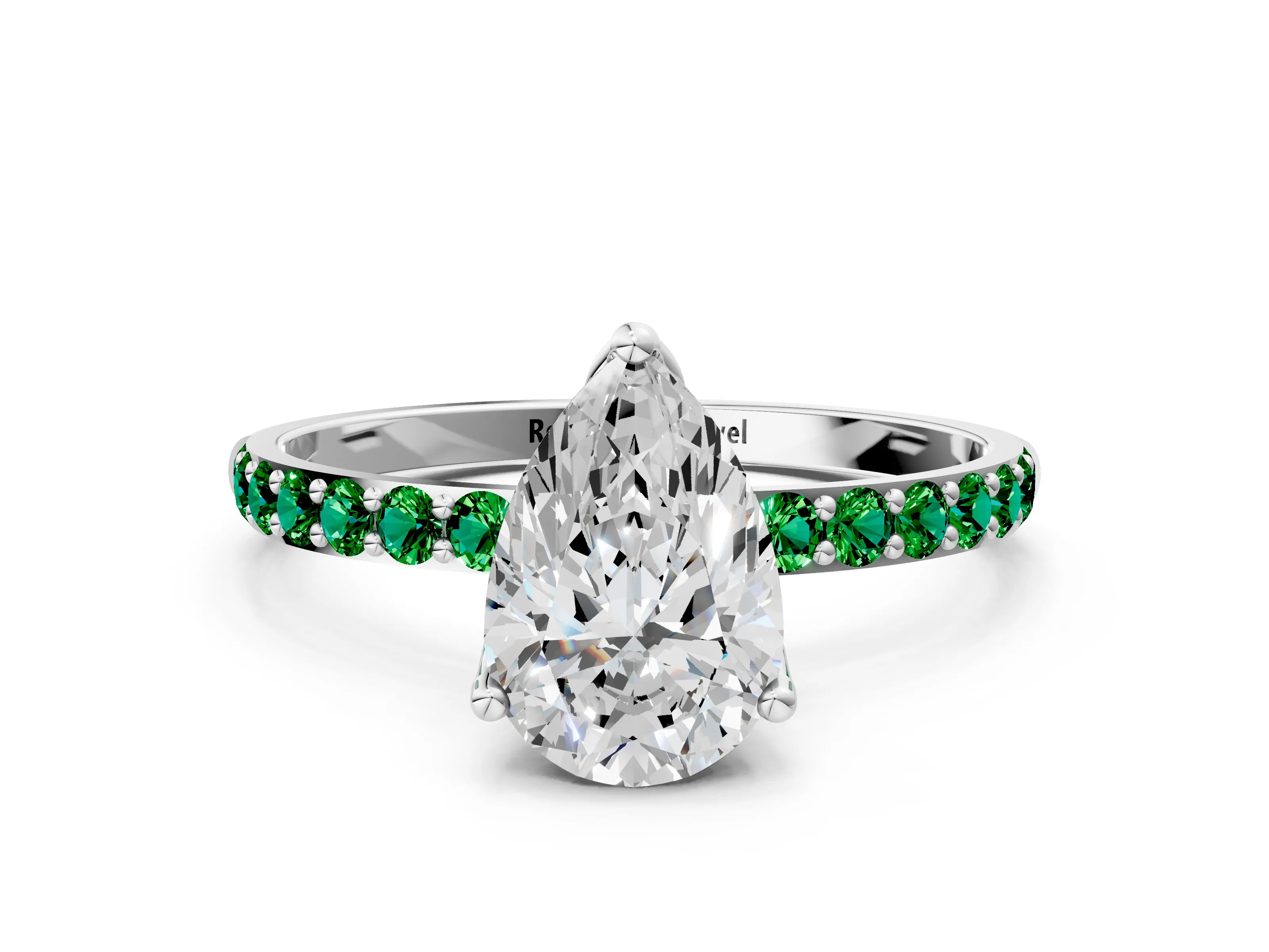 White gold Pear Cut Diamond Solitaire Engagement Ring with Round with Emerald side stone Pavé Band and Prong Setting_24