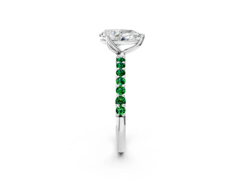 White gold Pear Cut Diamond Solitaire Engagement Ring with Round with Emerald side stone Pavé Band and Prong Setting_26