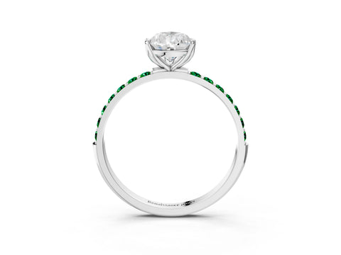 White gold Pear Cut Diamond Solitaire Engagement Ring with Round with Emerald side stone Pavé Band and Prong Setting_27