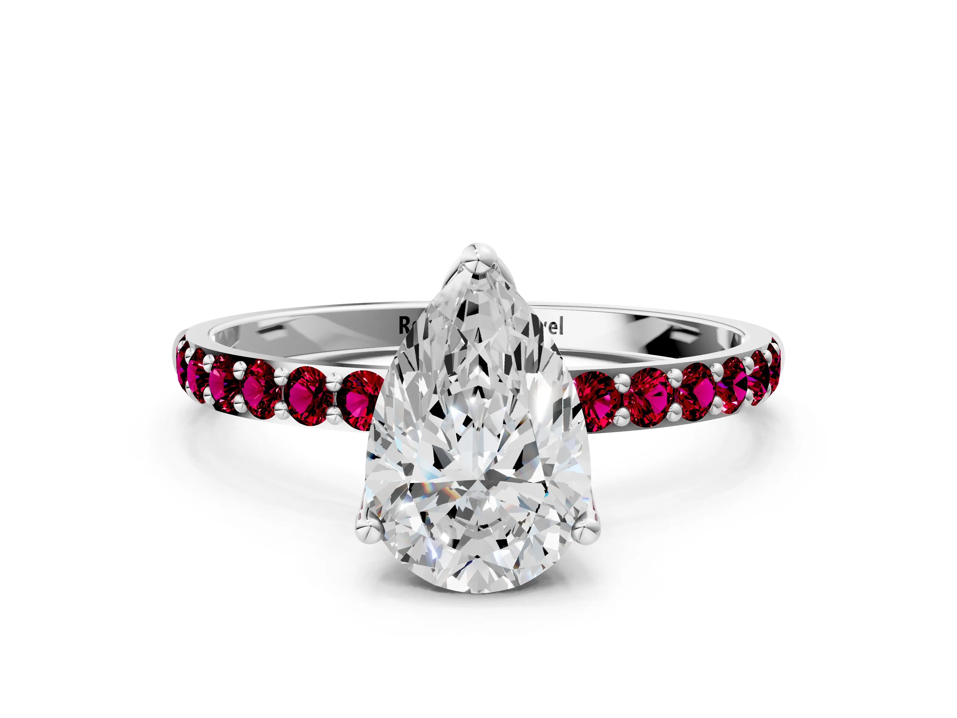 White gold Pear Cut Diamond Solitaire Engagement Ring with Round with Garnet side stone Pavé Band and Prong Setting_12