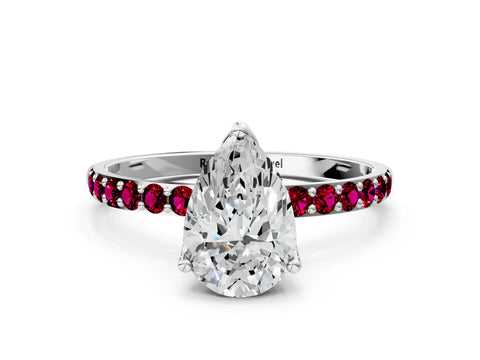 White gold Pear Cut Diamond Solitaire Engagement Ring with Round with Garnet side stone Pavé Band and Prong Setting_12