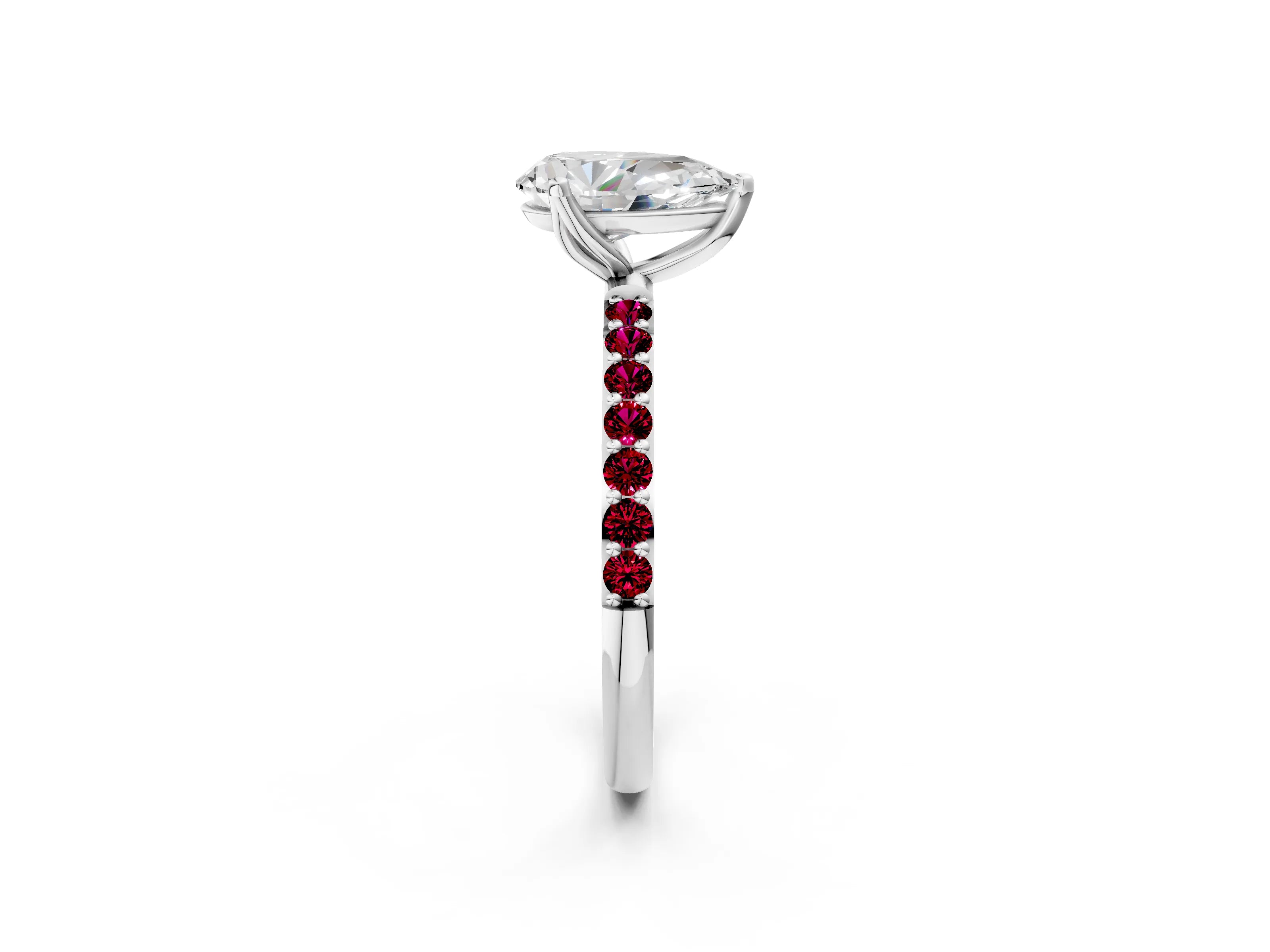 White gold Pear Cut Diamond Solitaire Engagement Ring with Round with Garnet side stone Pavé Band and Prong Setting_14