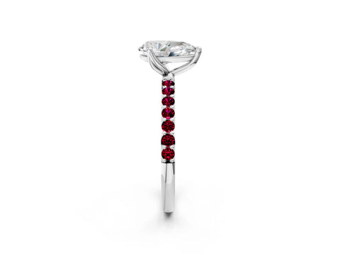 White gold Pear Cut Diamond Solitaire Engagement Ring with Round with Garnet side stone Pavé Band and Prong Setting_14