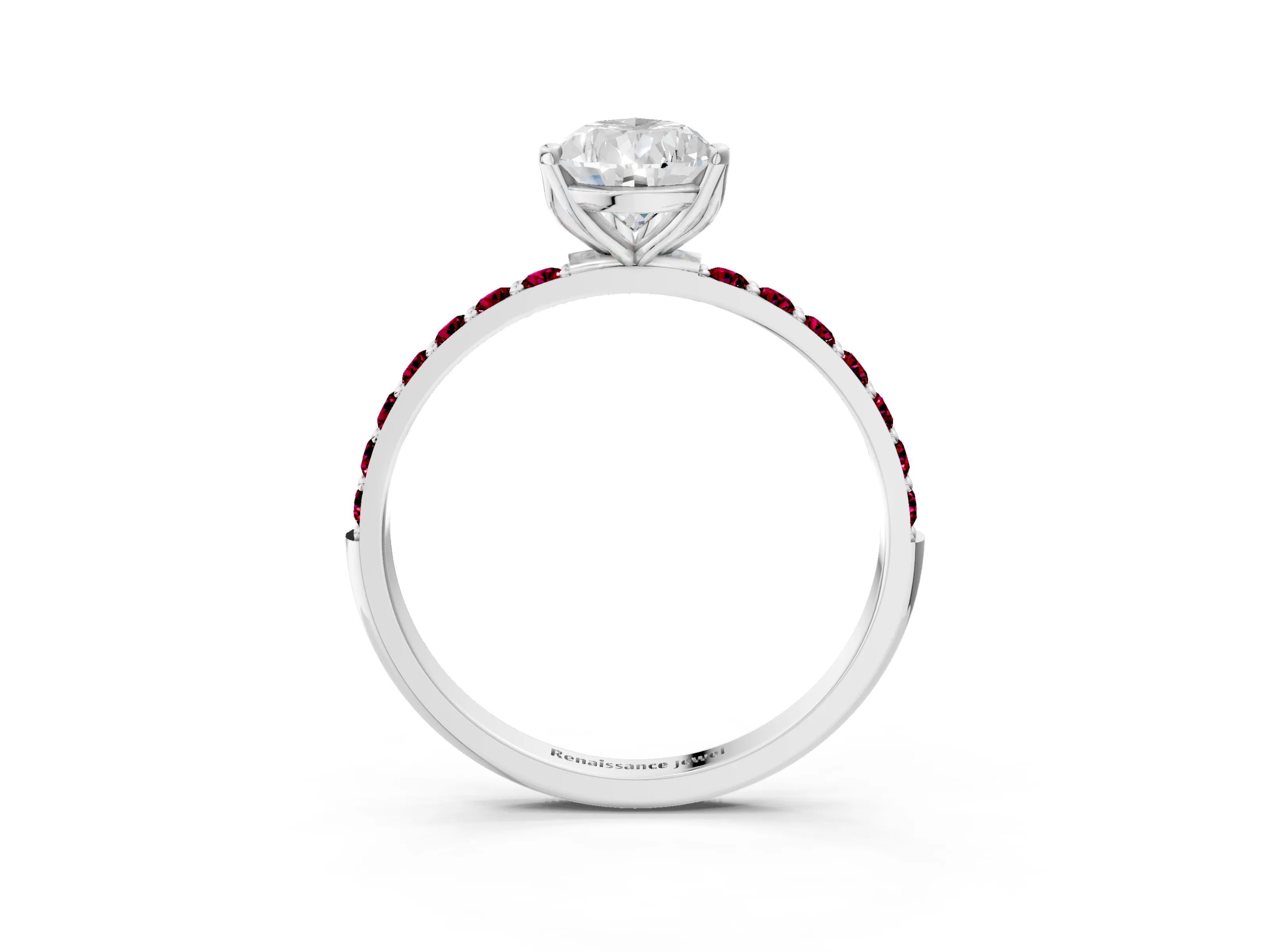 White gold Pear Cut Diamond Solitaire Engagement Ring with Round with Garnet side stone Pavé Band and Prong Setting_15