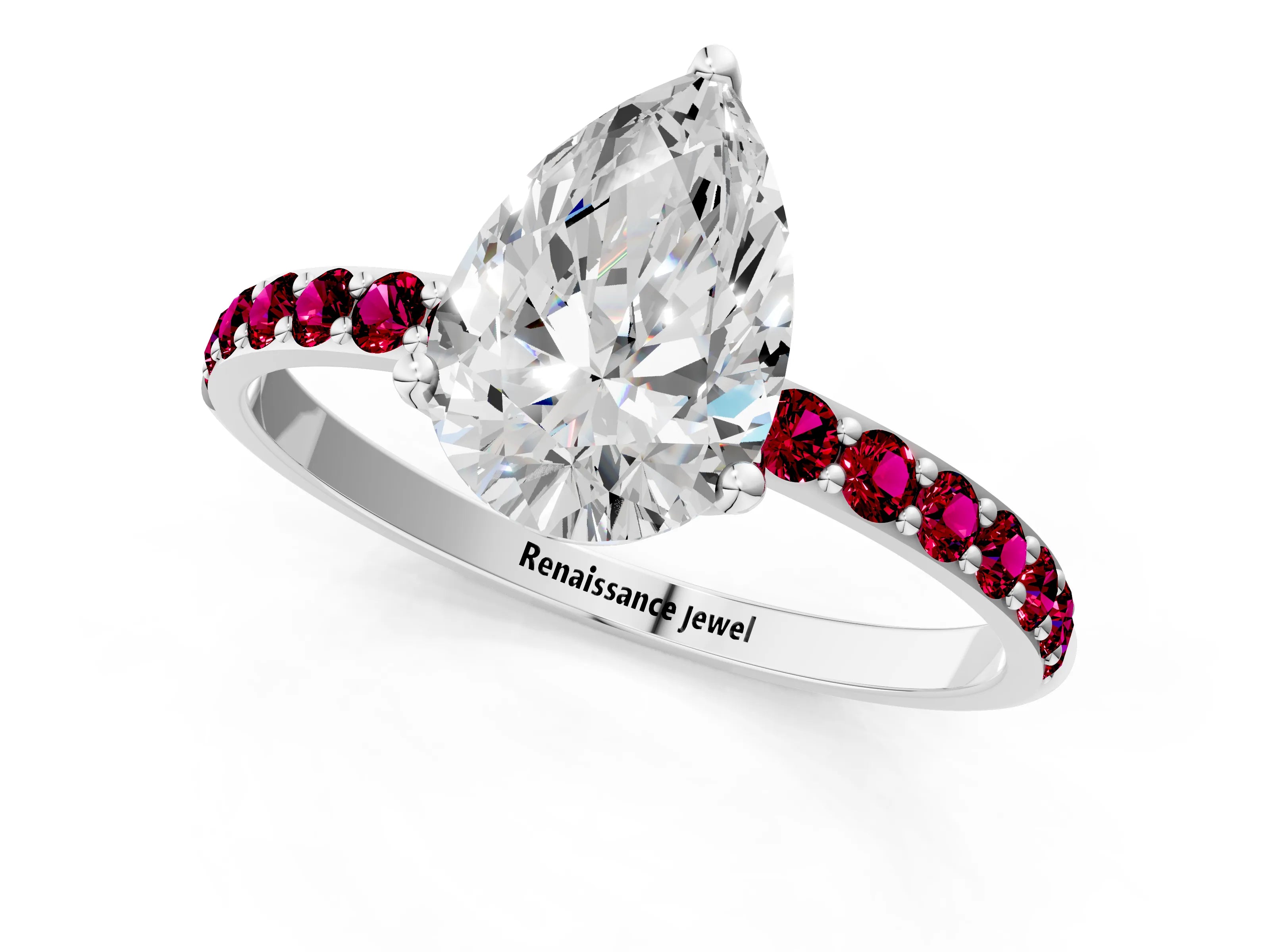 White gold Pear Cut Diamond Solitaire Engagement Ring with Round with Garnet side stone Pavé Band and Prong Setting_25