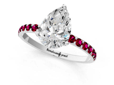 White gold Pear Cut Diamond Solitaire Engagement Ring with Round with Garnet side stone Pavé Band and Prong Setting_25