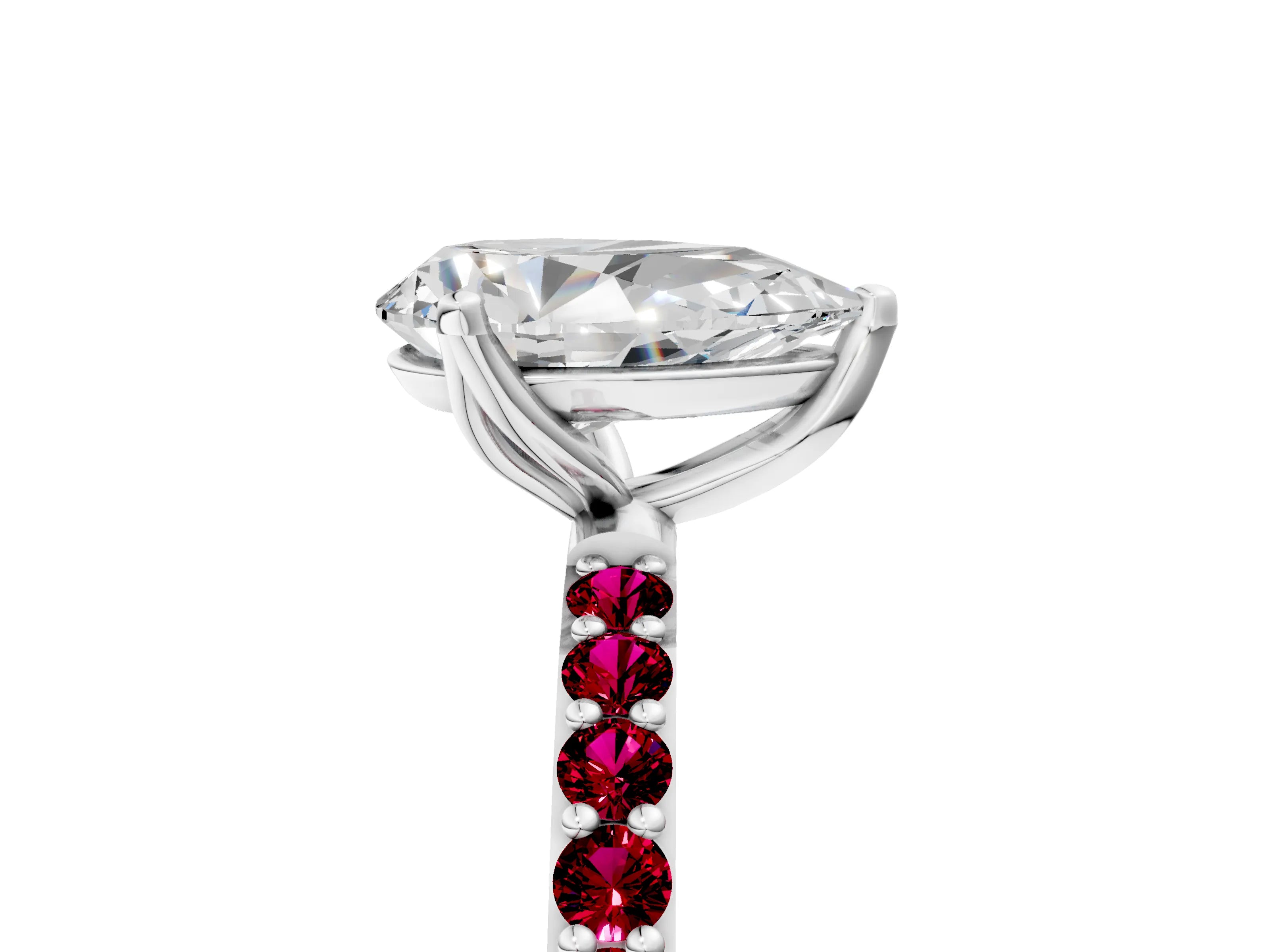 White gold Pear Cut Diamond Solitaire Engagement Ring with Round with Garnet side stone Pavé Band and Prong Setting_29