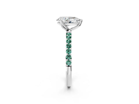 White gold Pear Cut Diamond Solitaire Engagement Ring with Round with Green Sapphire side stone Pavé Band and Prong Setting_14