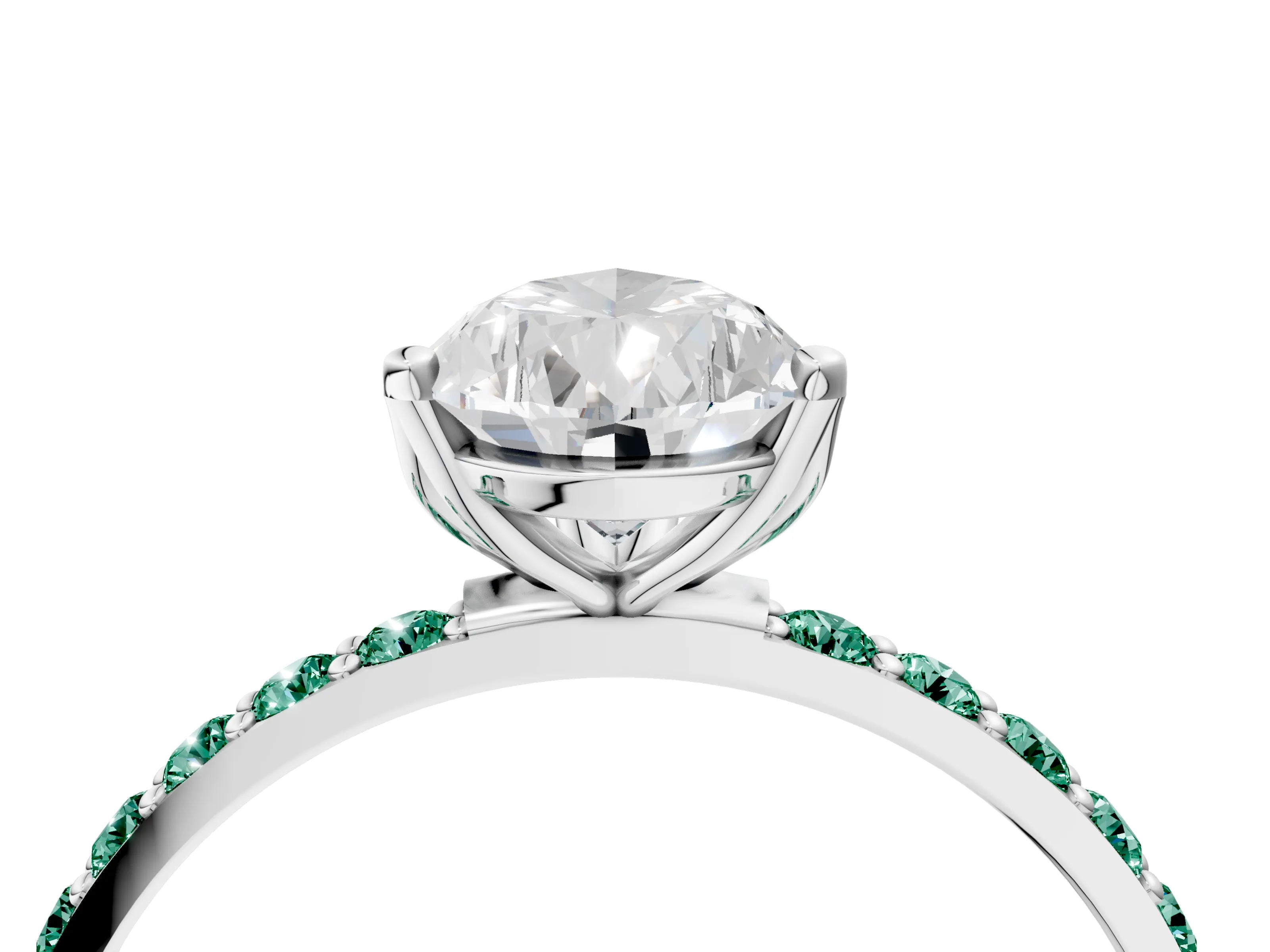 White gold Pear Cut Diamond Solitaire Engagement Ring with Round with Green Sapphire side stone Pavé Band and Prong Setting_16