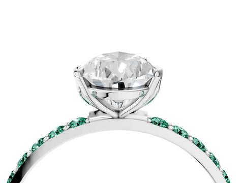White gold Pear Cut Diamond Solitaire Engagement Ring with Round with Green Sapphire side stone Pavé Band and Prong Setting_16
