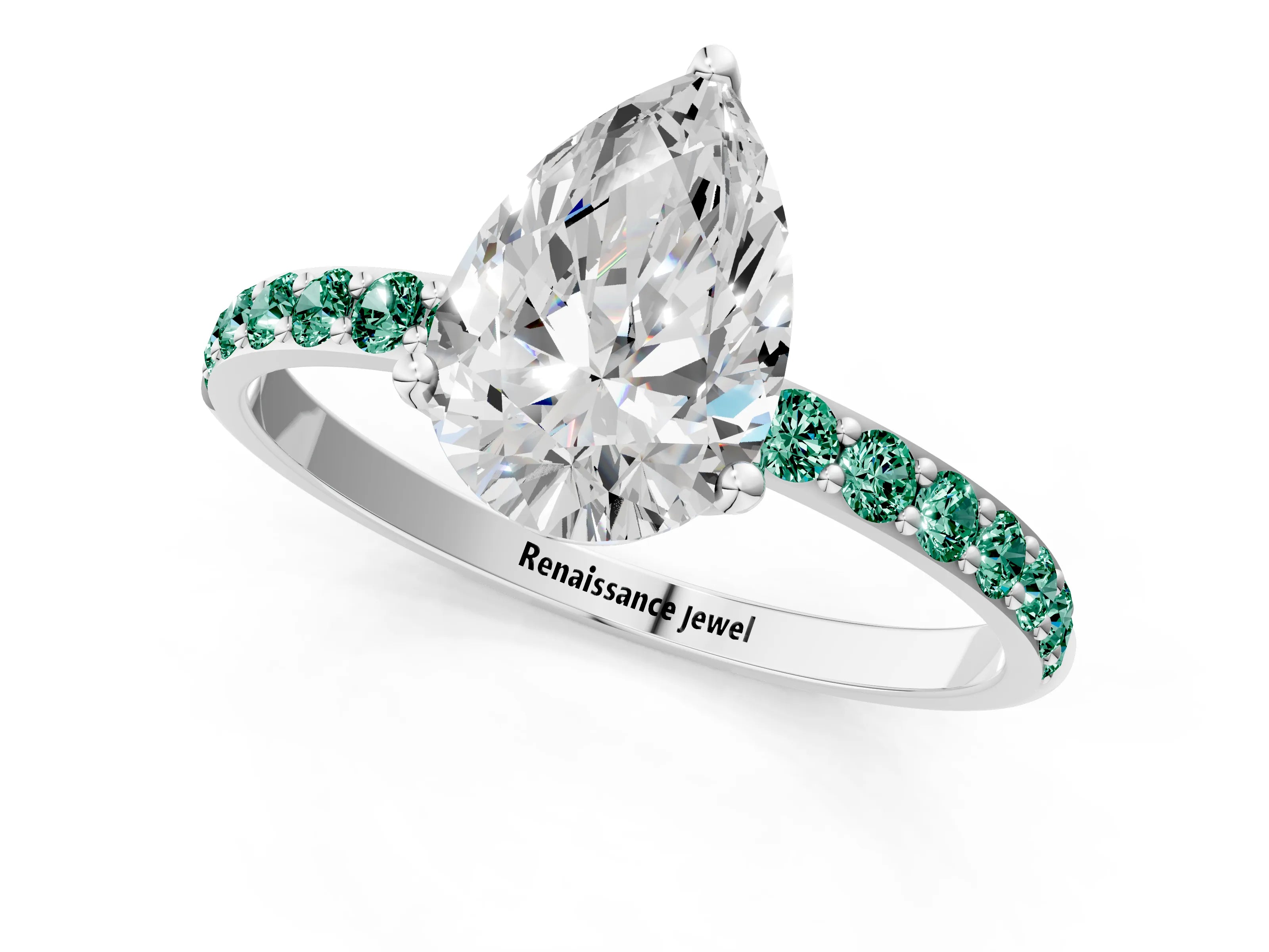 White gold Pear Cut Diamond Solitaire Engagement Ring with Round with Green Sapphire side stone Pavé Band and Prong Setting_1
