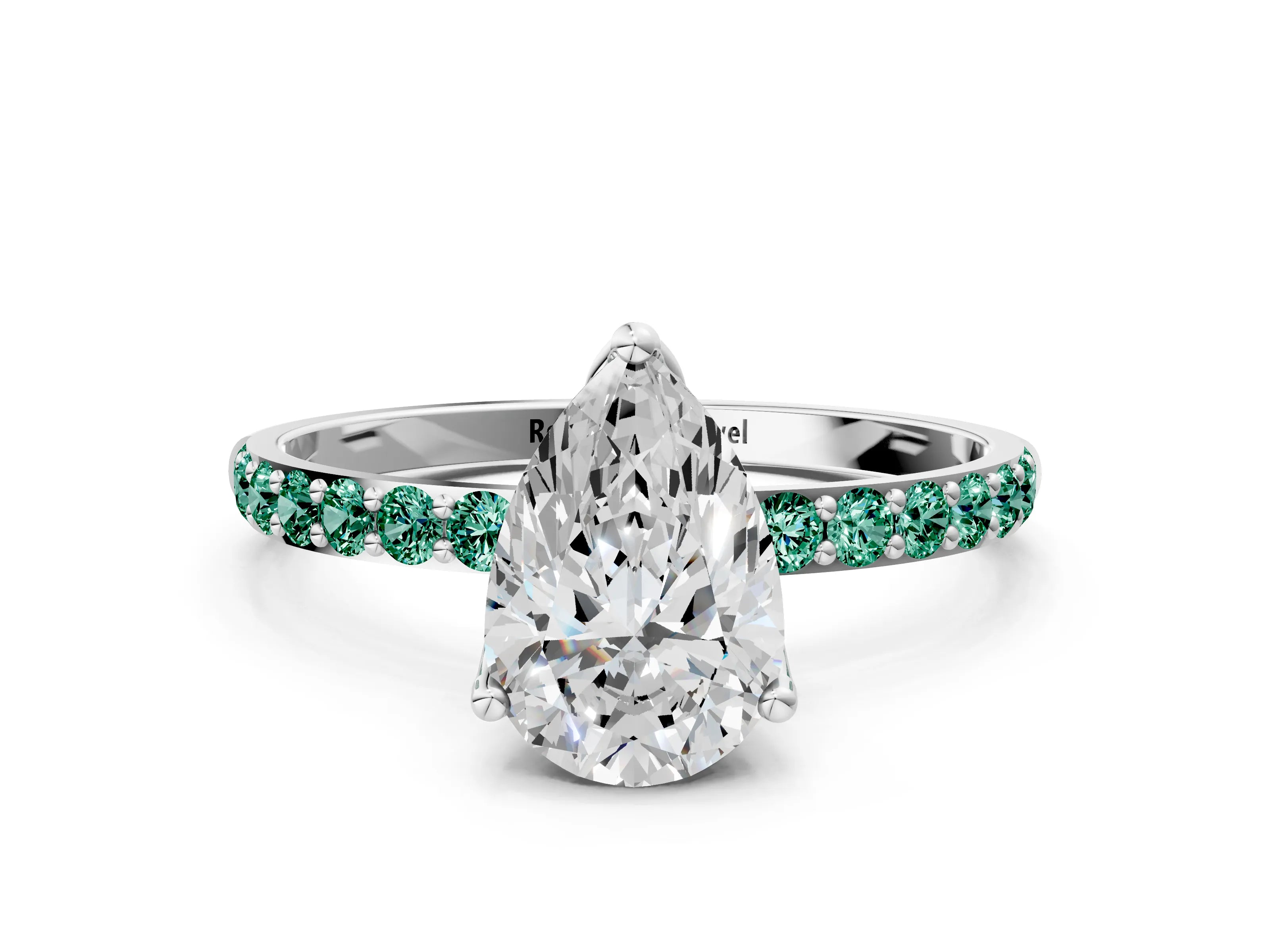 White gold Pear Cut Diamond Solitaire Engagement Ring with Round with Green Sapphire side stone Pavé Band and Prong Setting