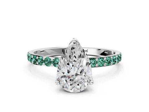 White gold Pear Cut Diamond Solitaire Engagement Ring with Round with Green Sapphire side stone Pavé Band and Prong Setting
