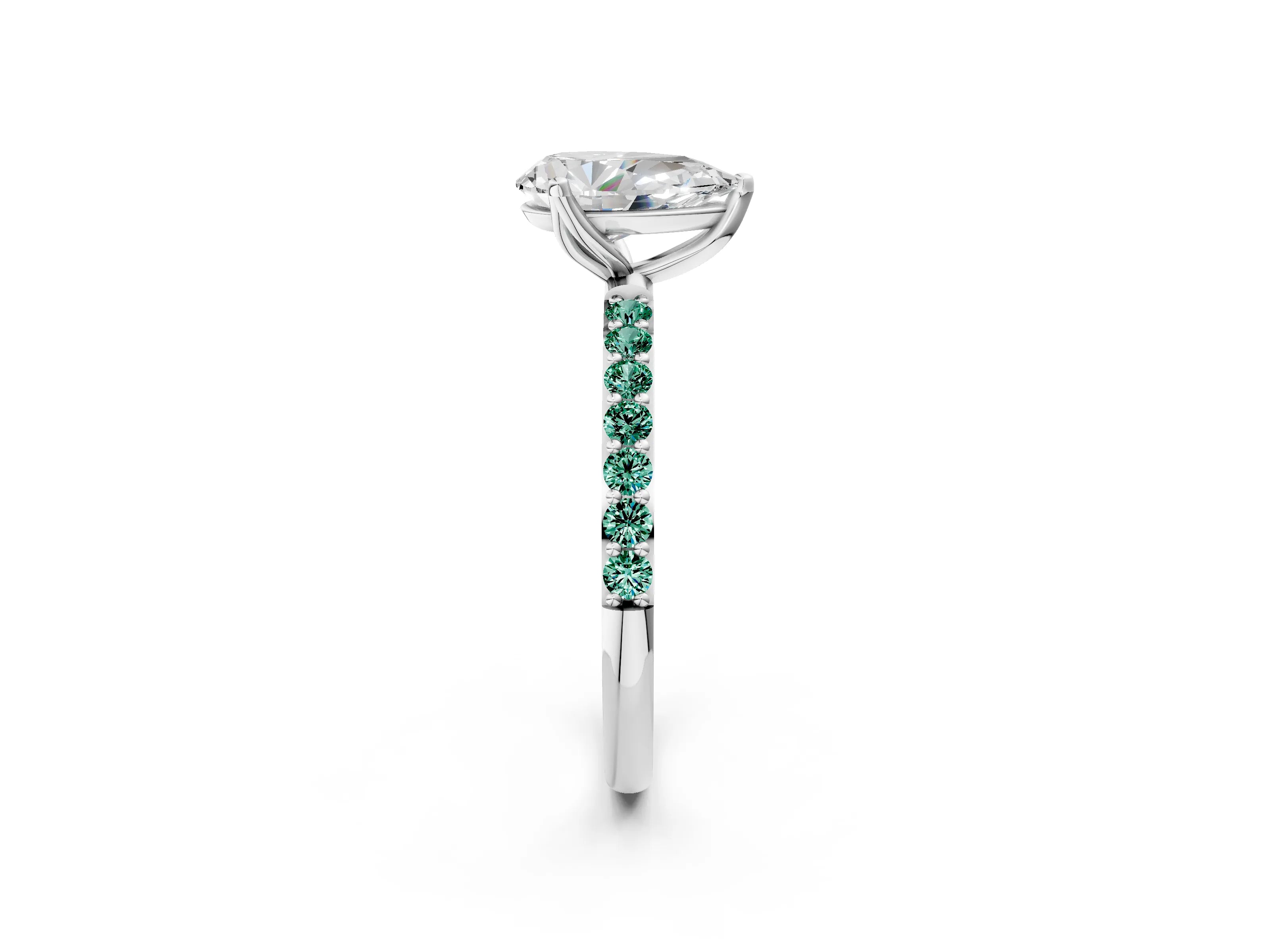 White gold Pear Cut Diamond Solitaire Engagement Ring with Round with Green Sapphire side stone Pavé Band and Prong Setting_2