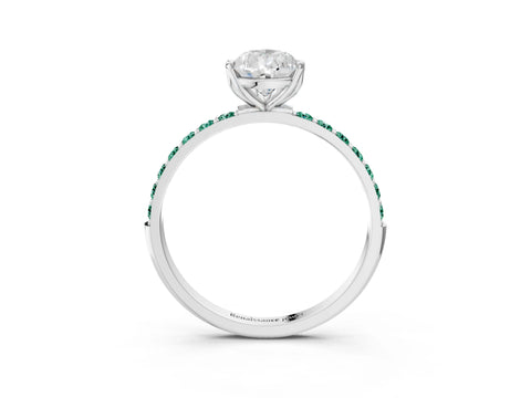 White gold Pear Cut Diamond Solitaire Engagement Ring with Round with Green Sapphire side stone Pavé Band and Prong Setting_3