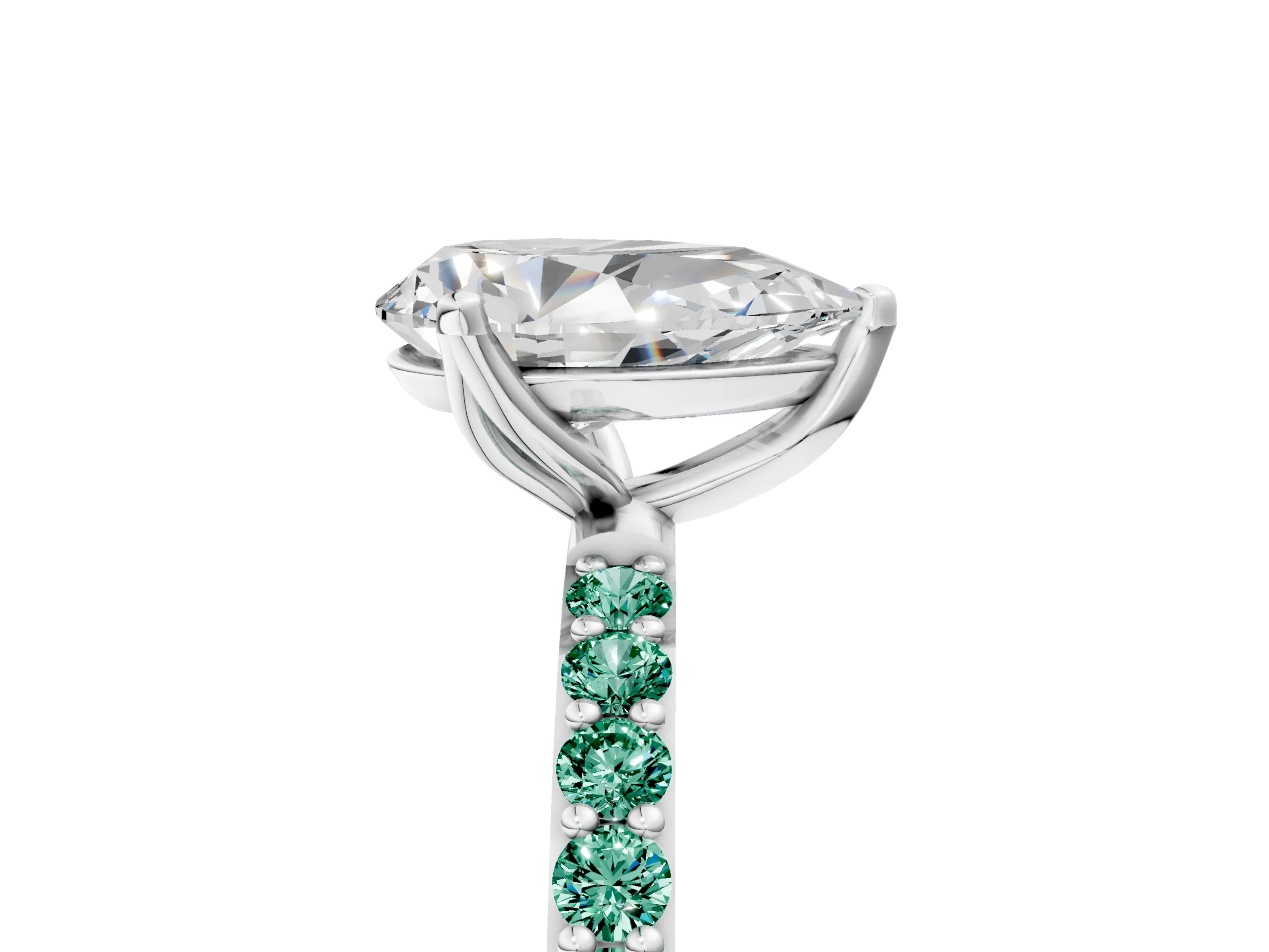 White gold Pear Cut Diamond Solitaire Engagement Ring with Round with Green Sapphire side stone Pavé Band and Prong Setting_5
