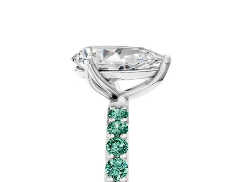 White gold Pear Cut Diamond Solitaire Engagement Ring with Round with Green Sapphire side stone Pavé Band and Prong Setting_5