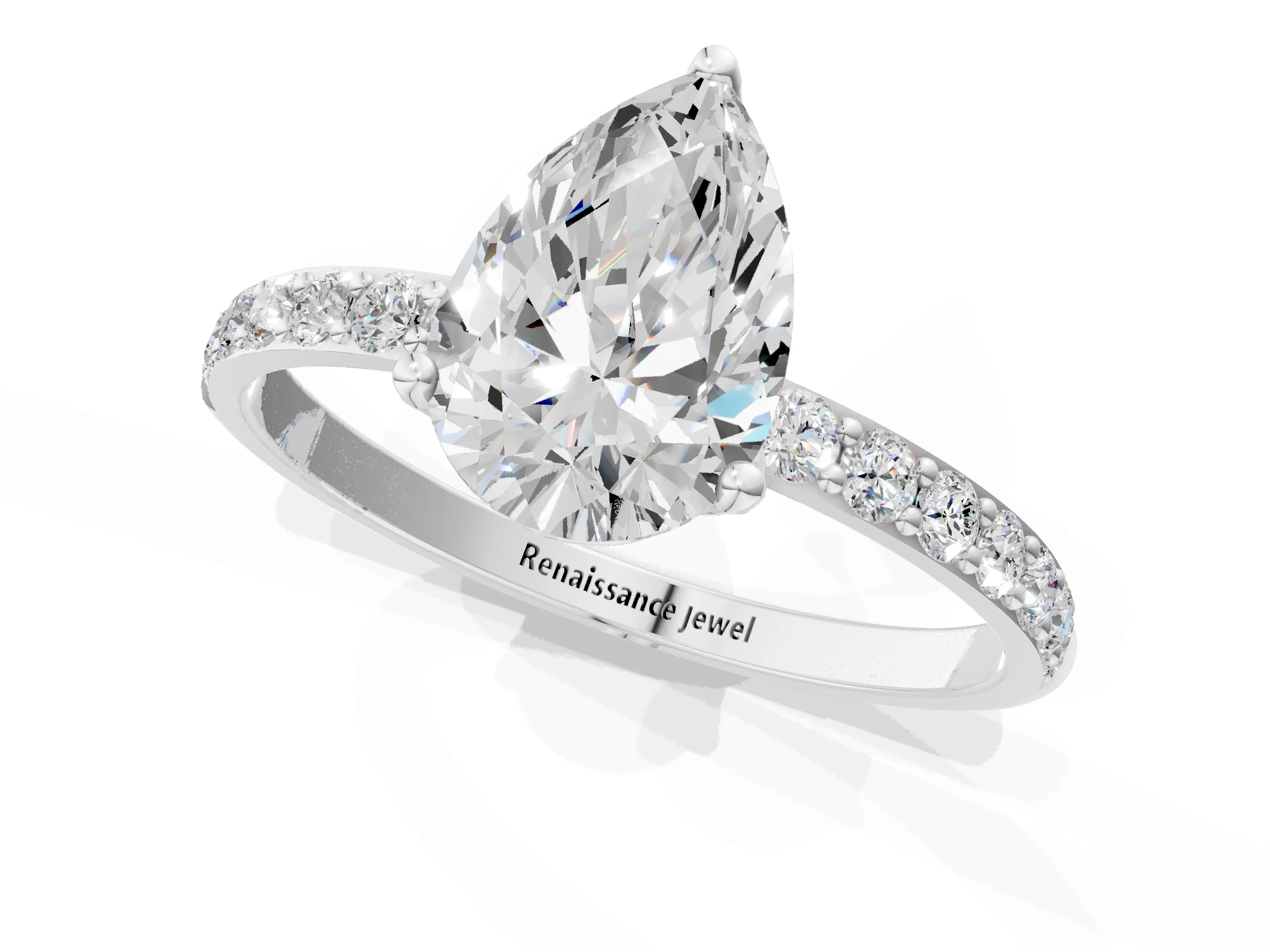 White gold Pear Cut Diamond Solitaire Engagement Ring with Round with Moissanite side stone Pavé Band and Prong Setting_13